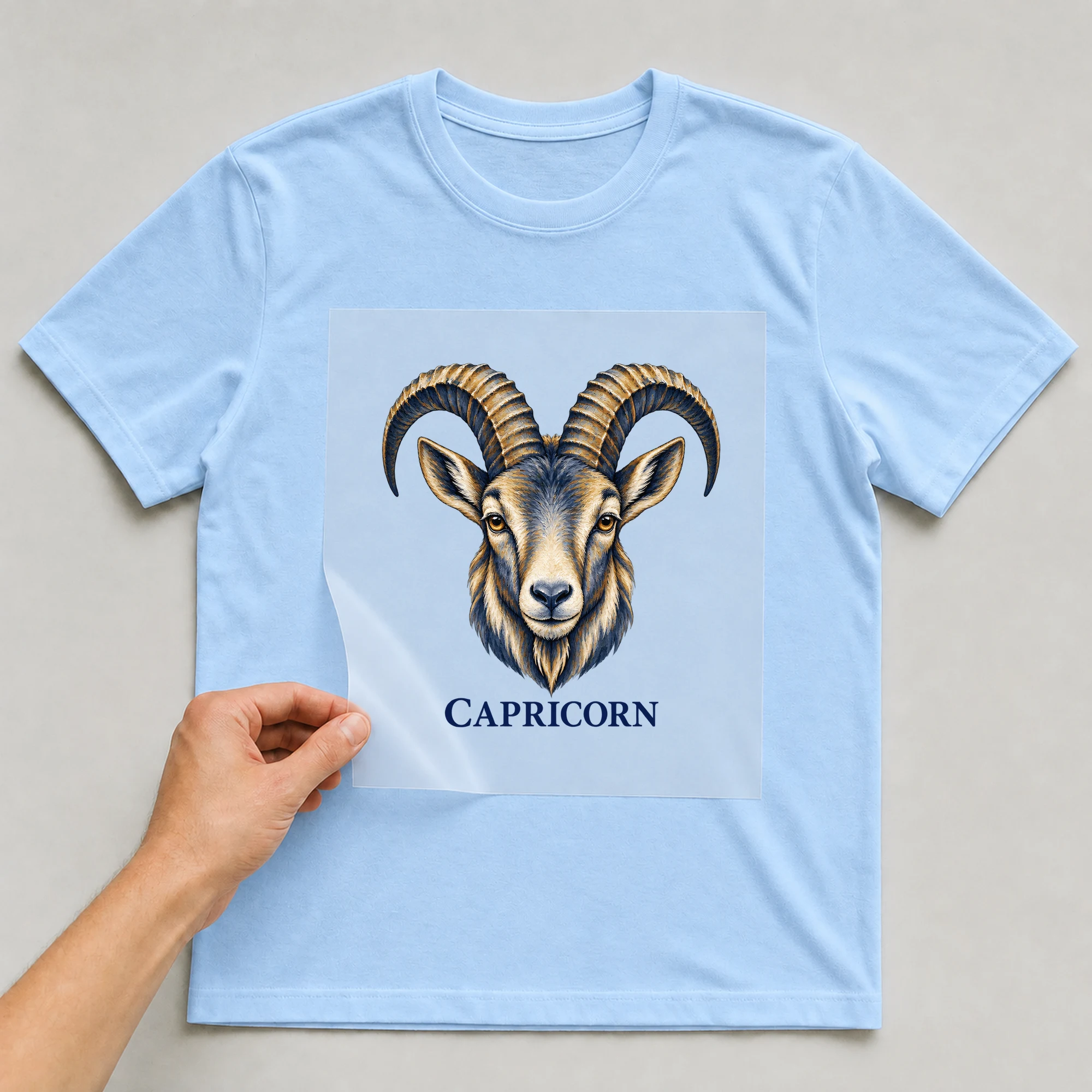 Bügelbild „Capricorn“ auf babyblauem T-Shirt, Folie wird aufgelegt