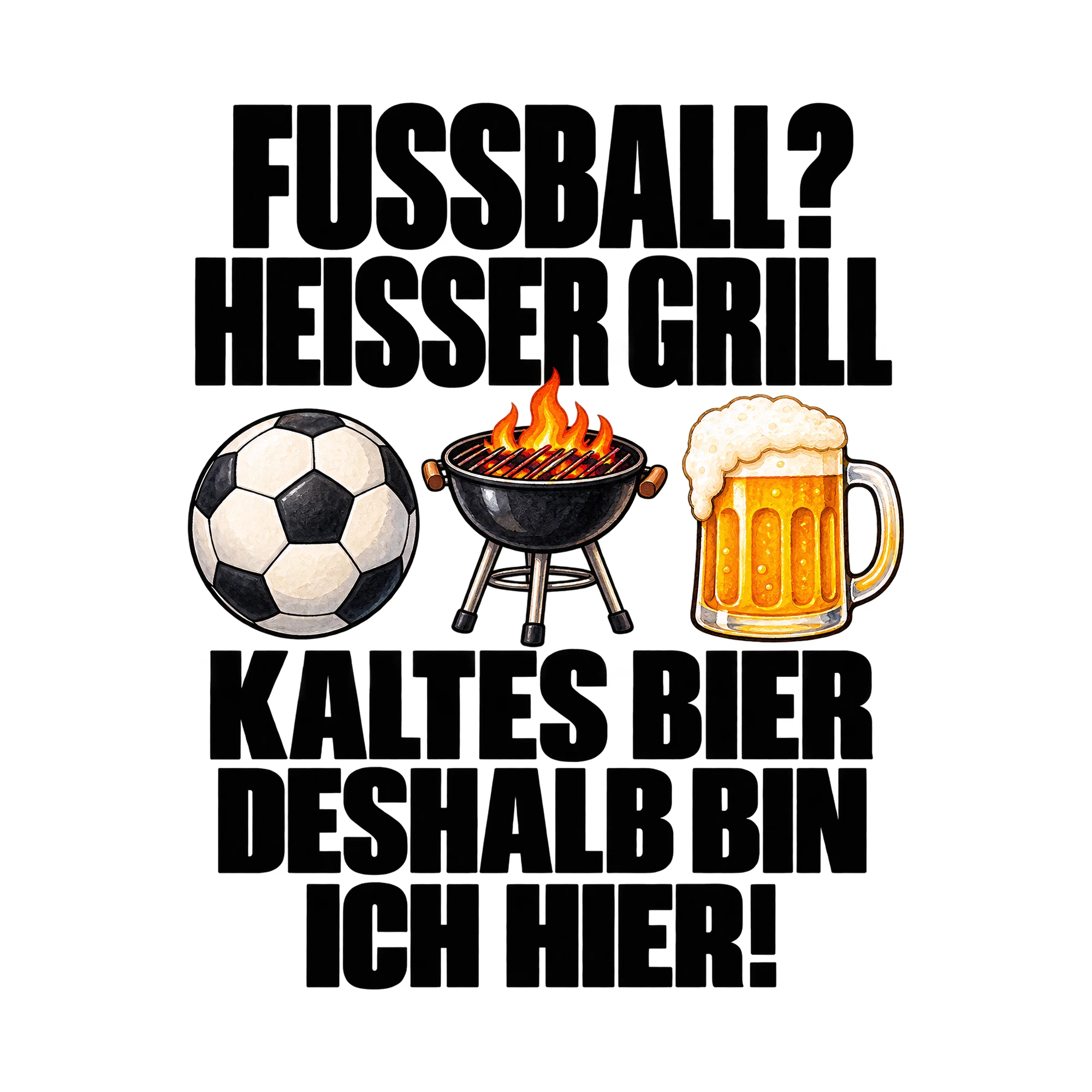 Bügelbild „Fußball? Heißer Grill kaltes Bier deshalb bin ich hier!“, Party Shirt Spruch als Grafik auf weißem Hintergrund (BB015017)