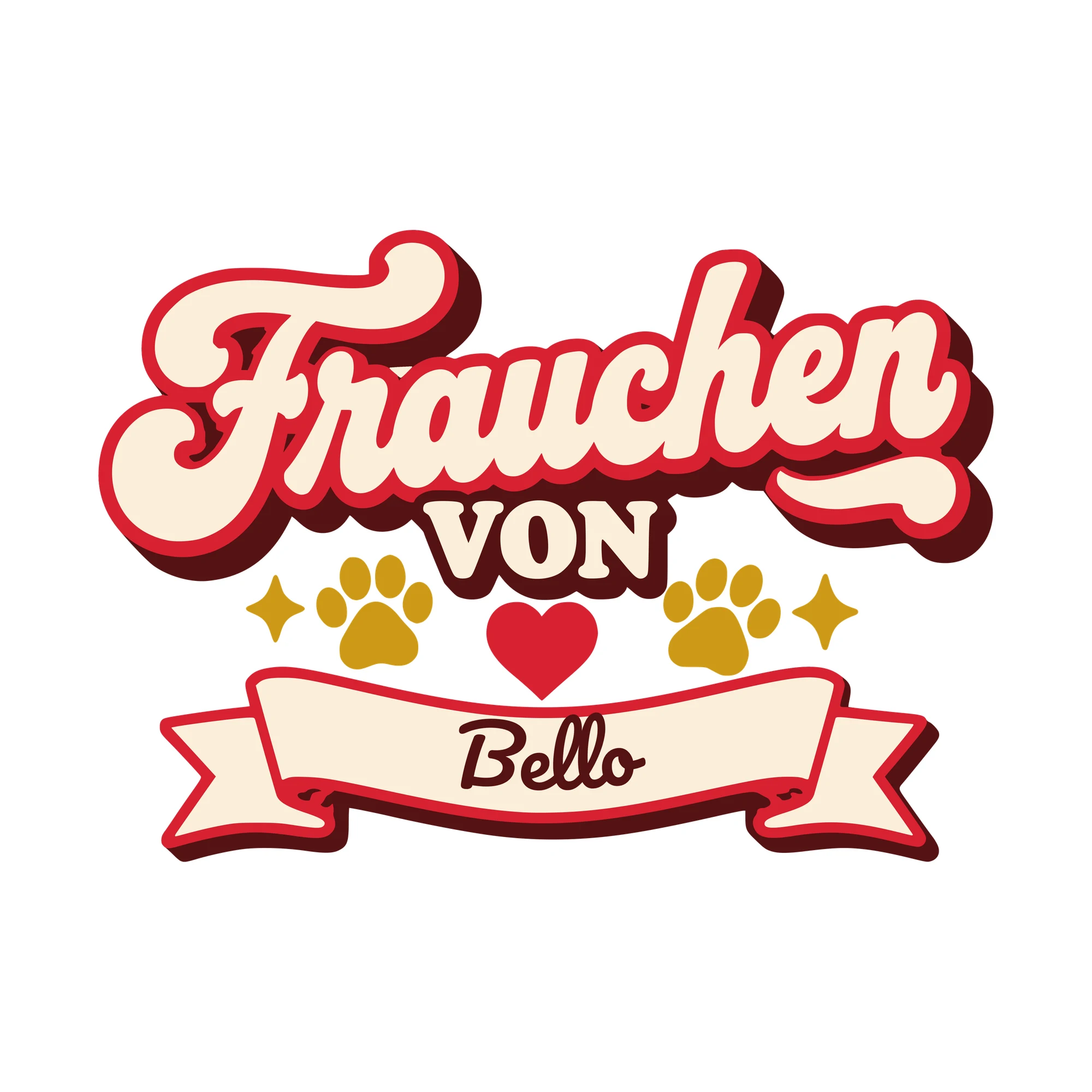 Bügelbild Frauchen mit Name als Grafik auf weißem Hintergrund (BB010595)