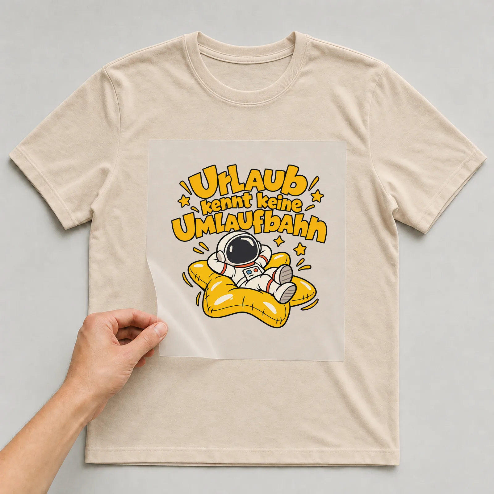 Bügelbild „Urlaub kennt keine Umlaufbahn“ auf beigem T-Shirt, Folie wird aufgelegt