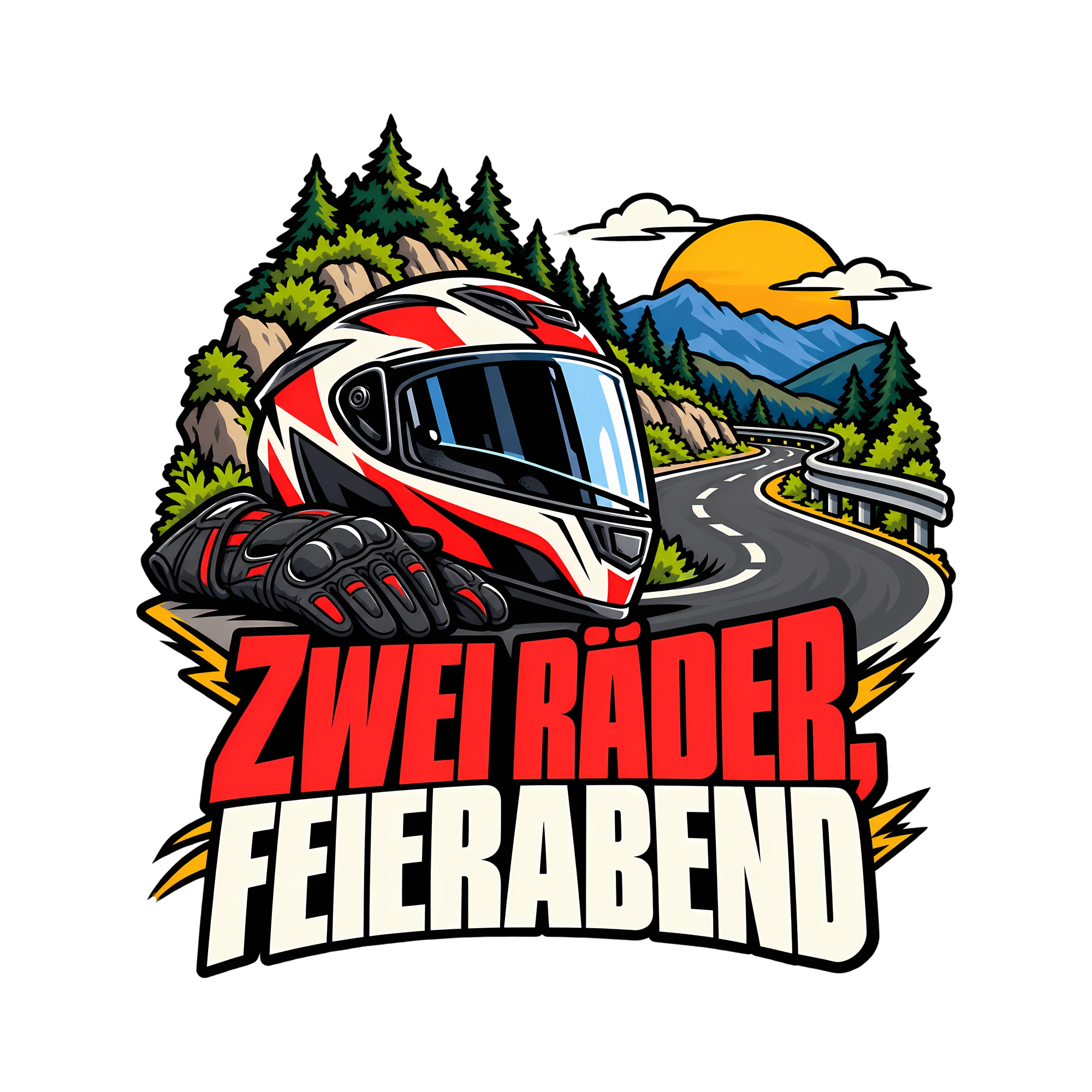 Bügelbild ZWEI RÄDER, FEIERABEND als Grafik auf weißem Hintergrund (BB012907)