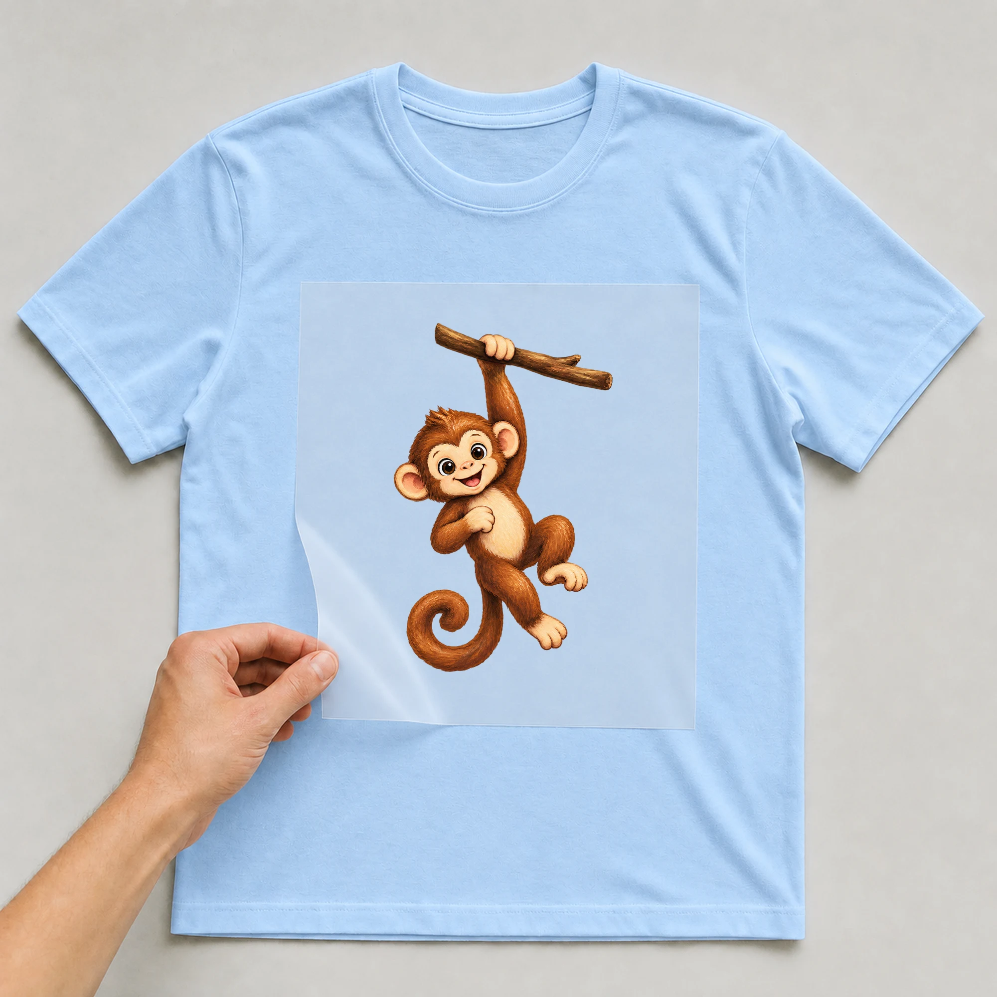 Bügelbild „Kletteraffe“ auf babyblauem T-Shirt, Folie wird aufgelegt