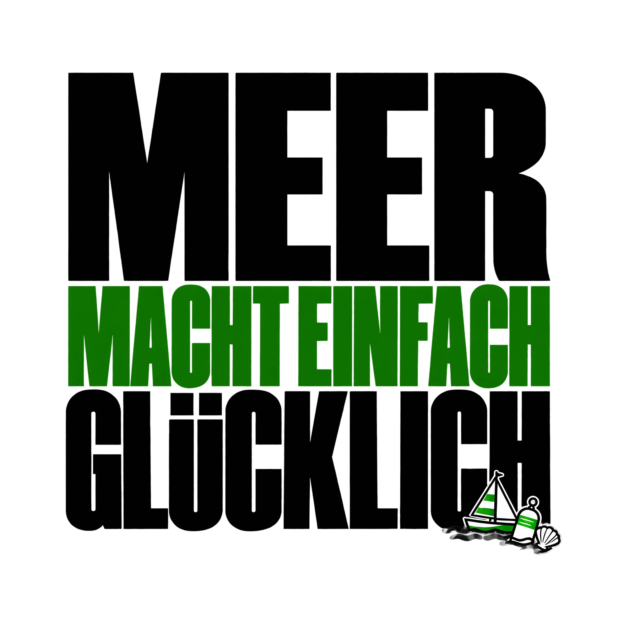 Bügelbild Meer macht einfach glücklich als Grafik auf weißem Hintergrund (BB013229)