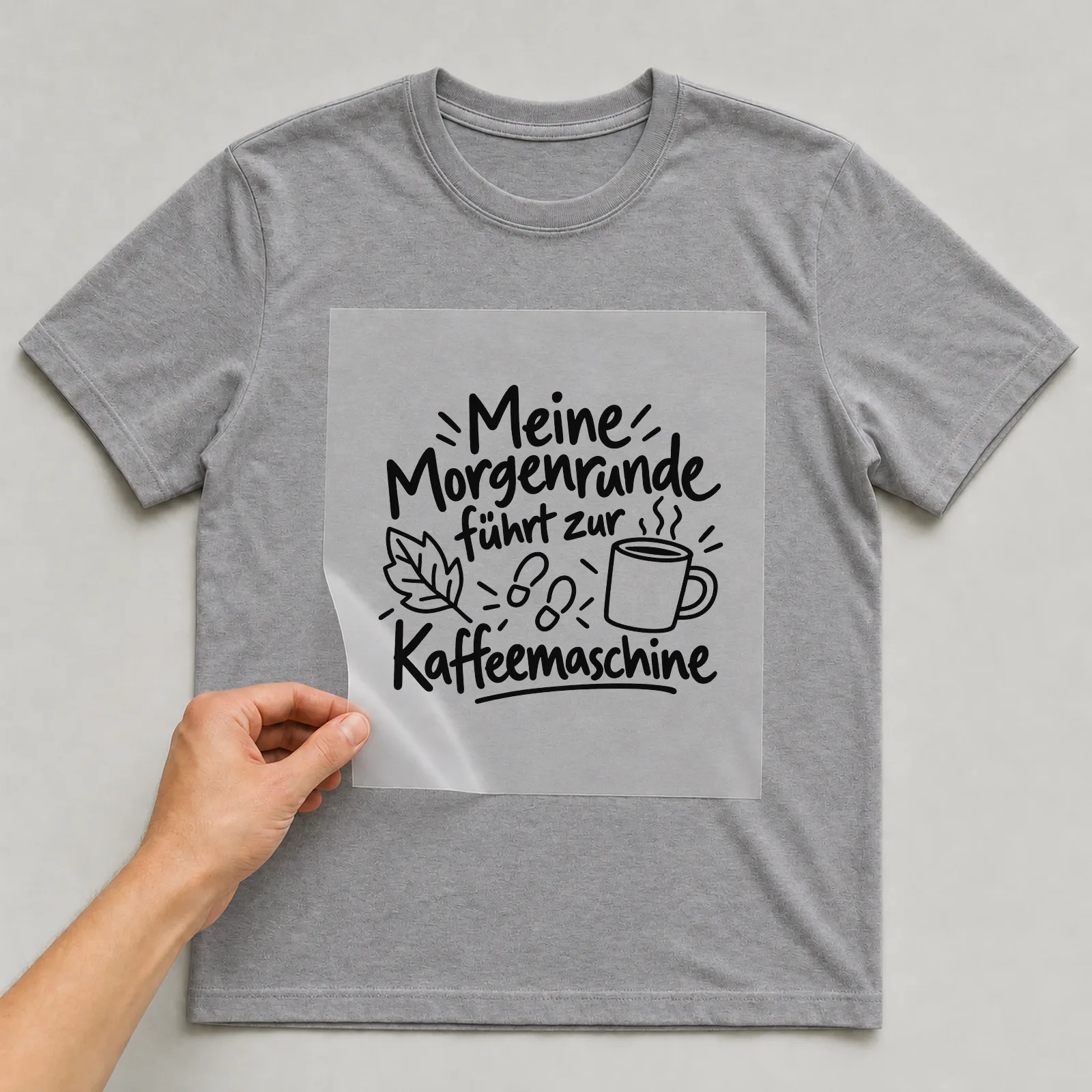 Bügelbild „Meine Morgenrunde führt zur Kaffeemaschine“ auf grauem T-Shirt, Folie wird aufgelegt