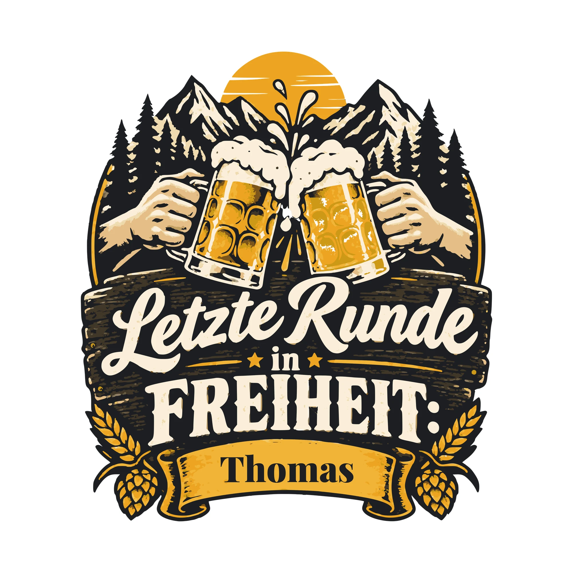 Bügelbild Letzte Runde in Freiheit mit Name als Grafik auf weißem Hintergrund (BB011050)