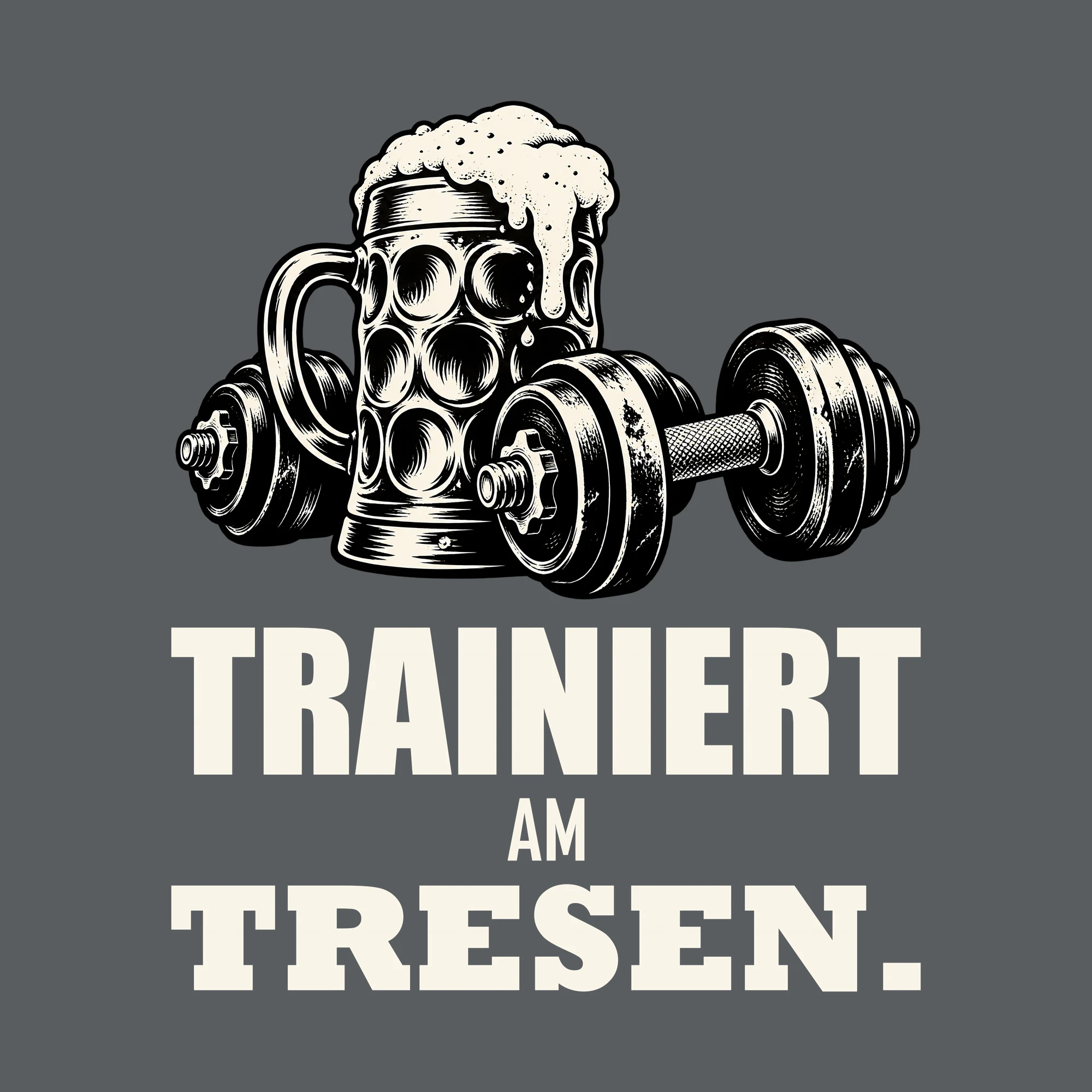 Bügelbild TRAINIERT AM TRESEN. als Grafik auf dunklem Hintergrund (BB011823)