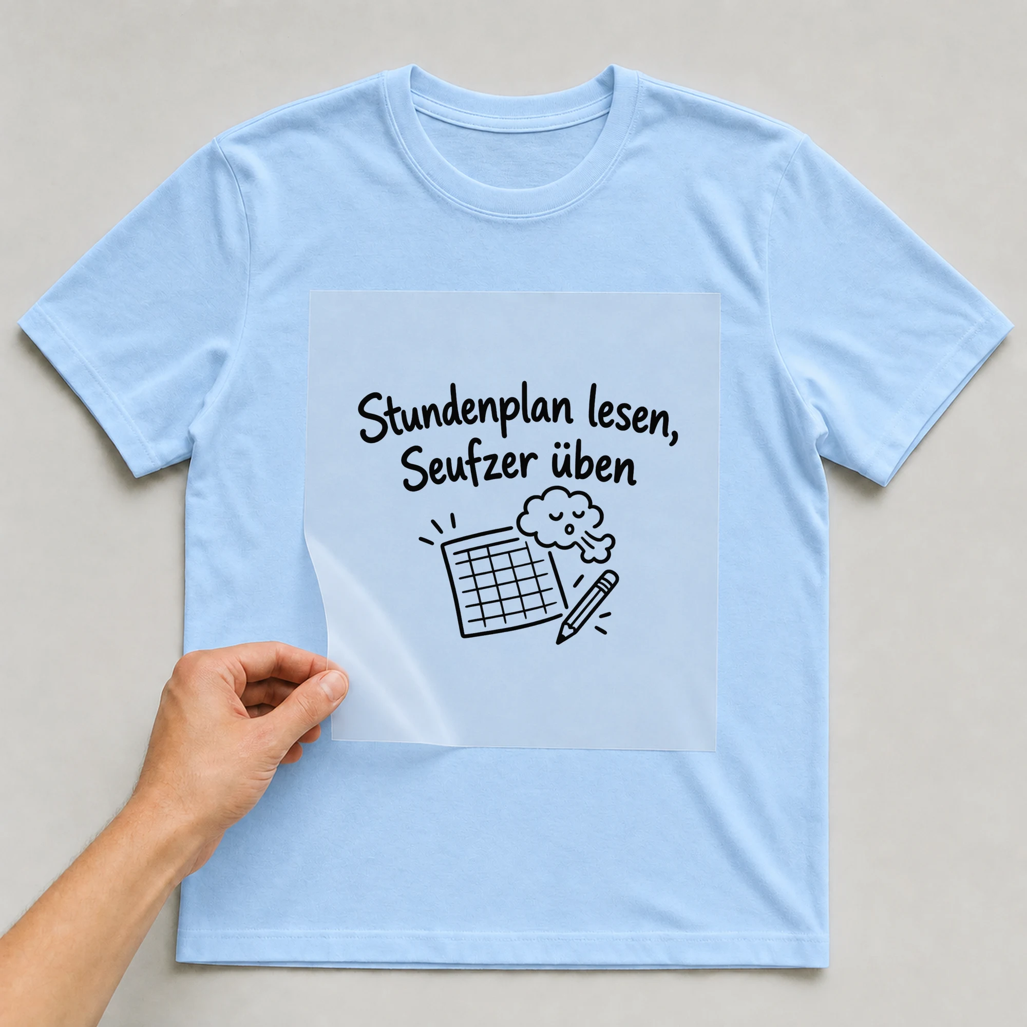 Bügelbild „Stundenplan lesen, Seufzer üben“ auf babyblauem T-Shirt, Folie wird aufgelegt