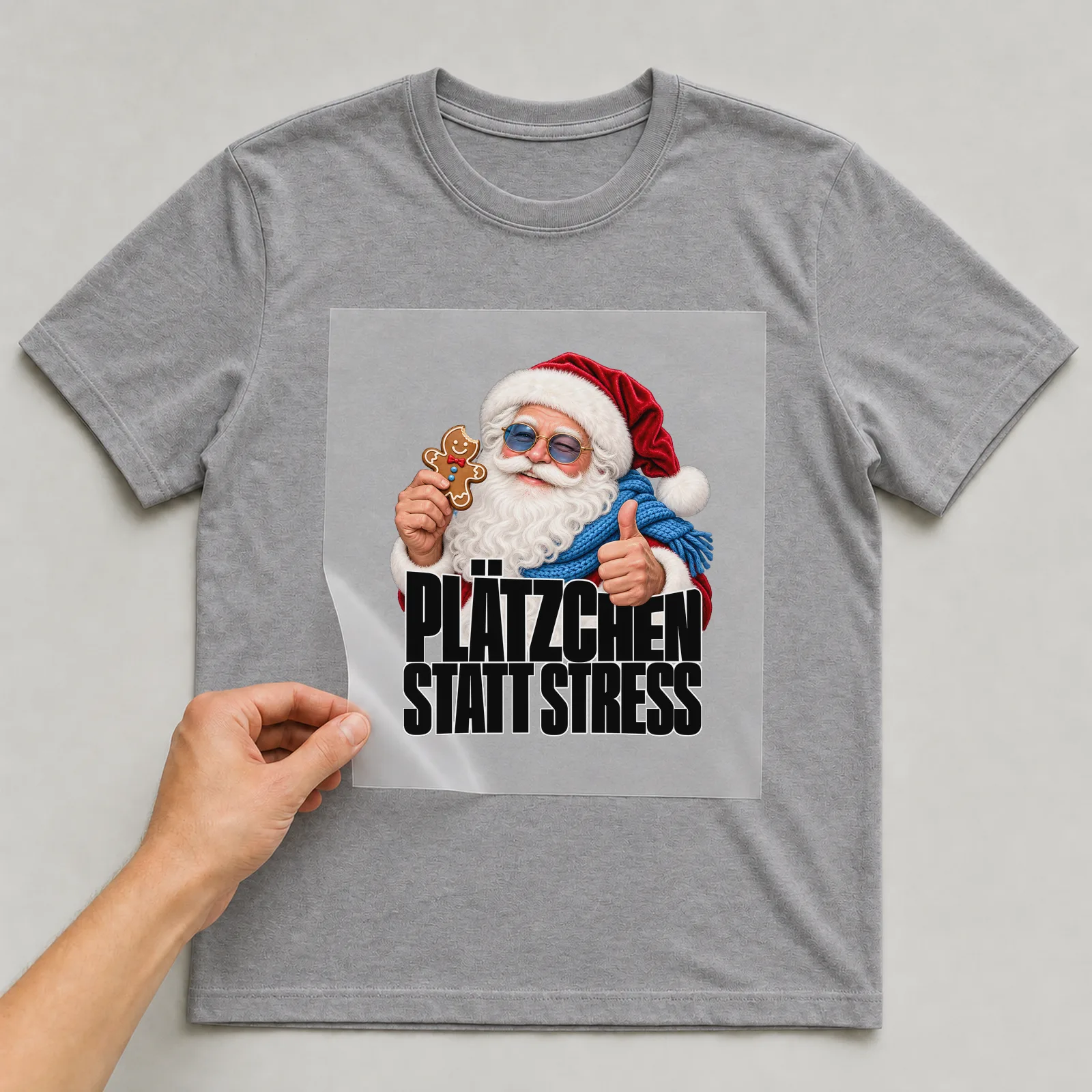 Bügelbild „Plätzchen statt … (Stil der frechen Weihnachtsklassiker) auf grauem T-Shirt, Folie wird aufgelegt