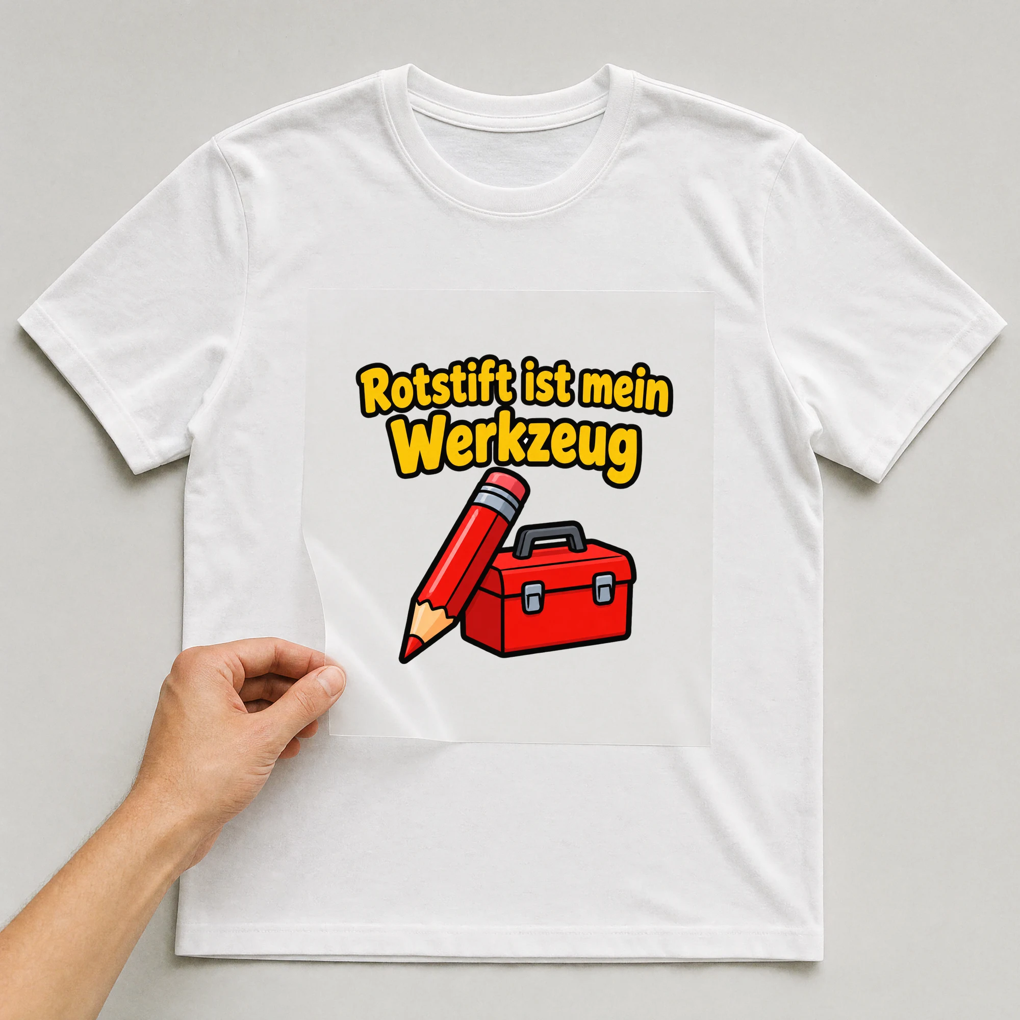 Bügelbild „Rotstift ist mein Werkzeug“ auf weißem T-Shirt, Folie wird aufgelegt