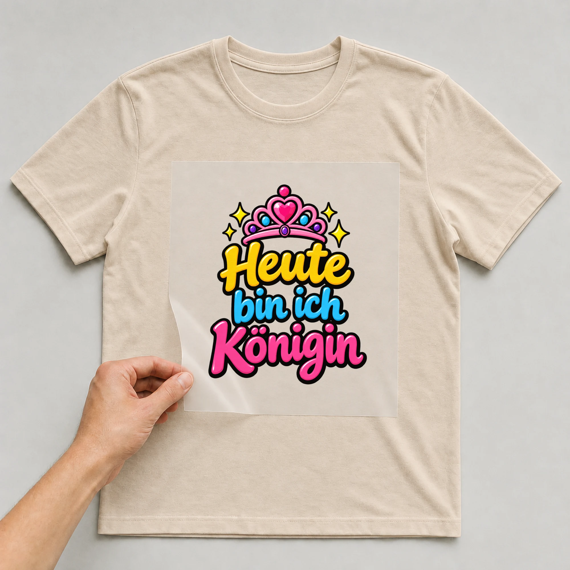 Bügelbild „Heute bin ich Königin“ auf beigem T-Shirt, Folie wird aufgelegt