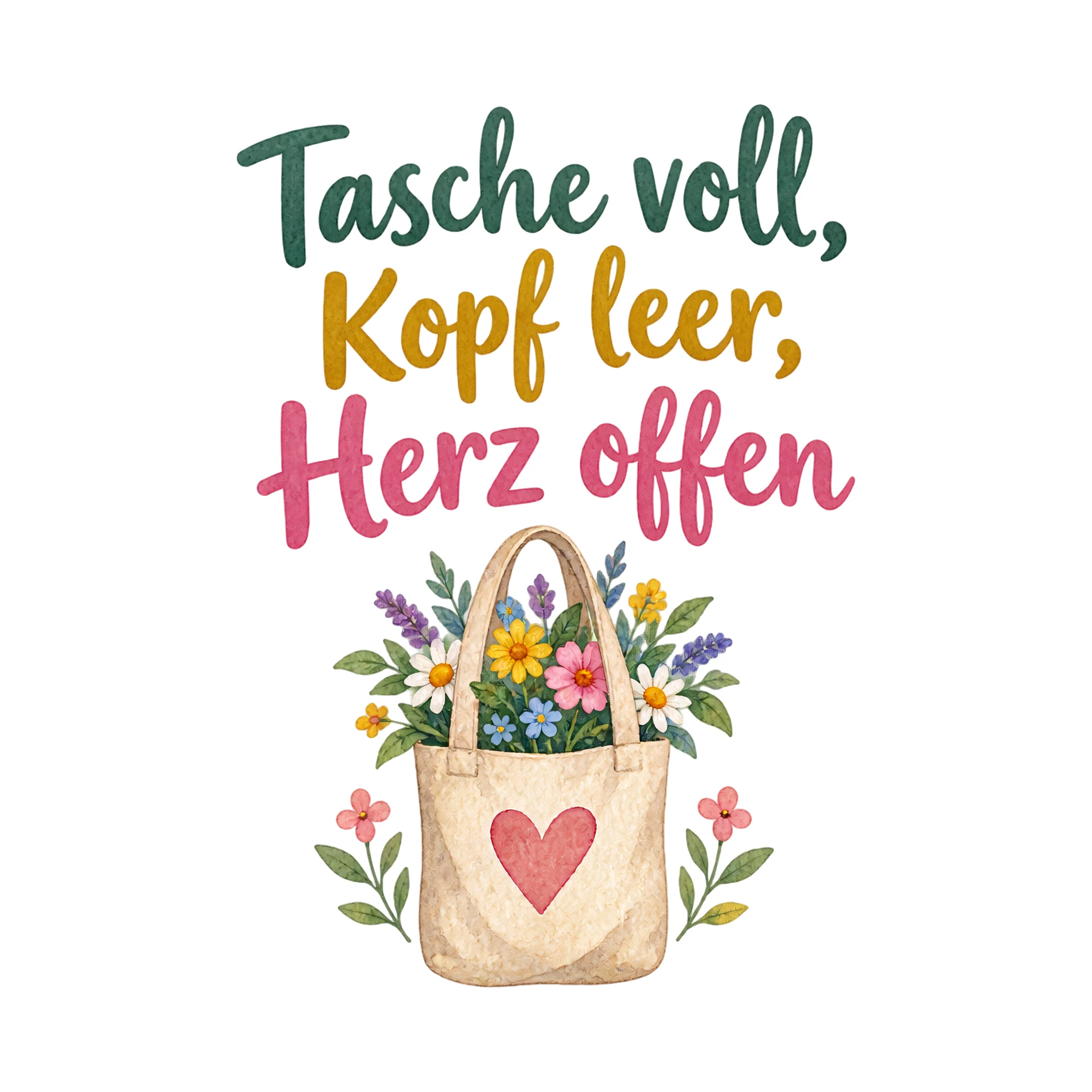 Bügelbild Tasche voll, Kopf leer, Herz offen als Grafik auf weißem Hintergrund (BB019918)