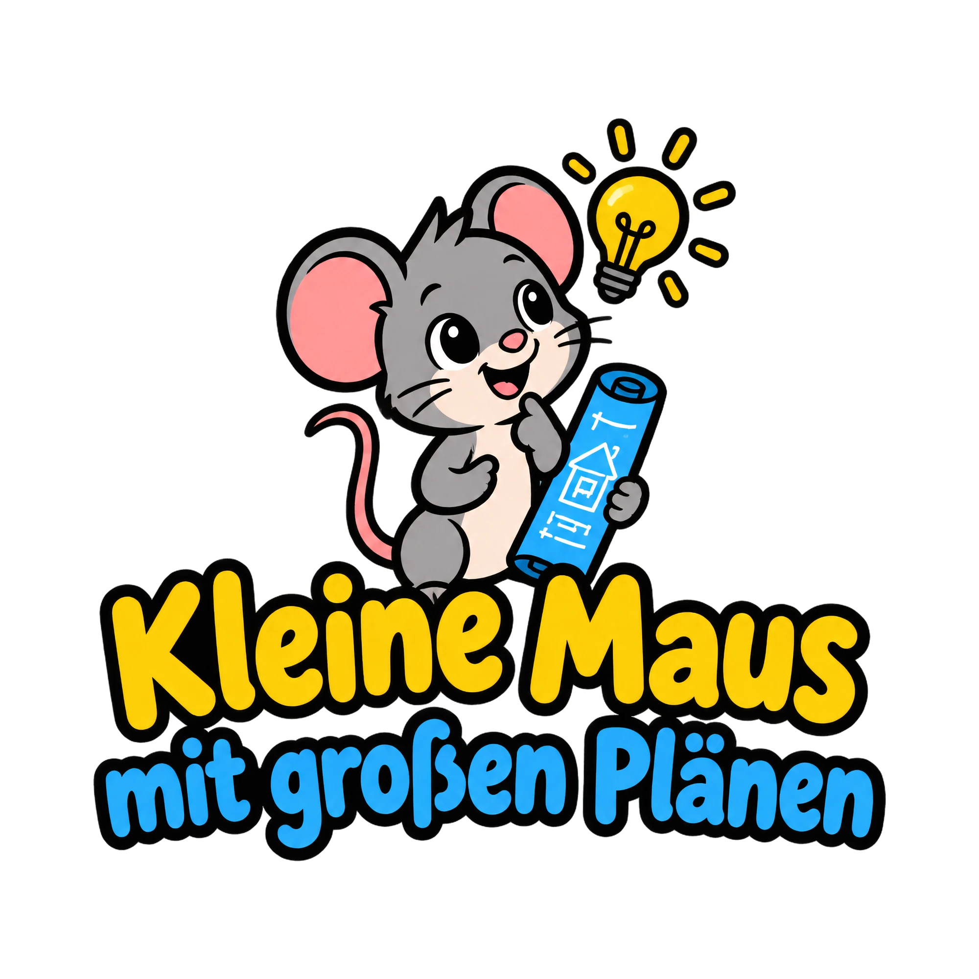 Bügelbild Kleine Maus mit großen Plänen als Grafik auf weißem Hintergrund (BB018713)
