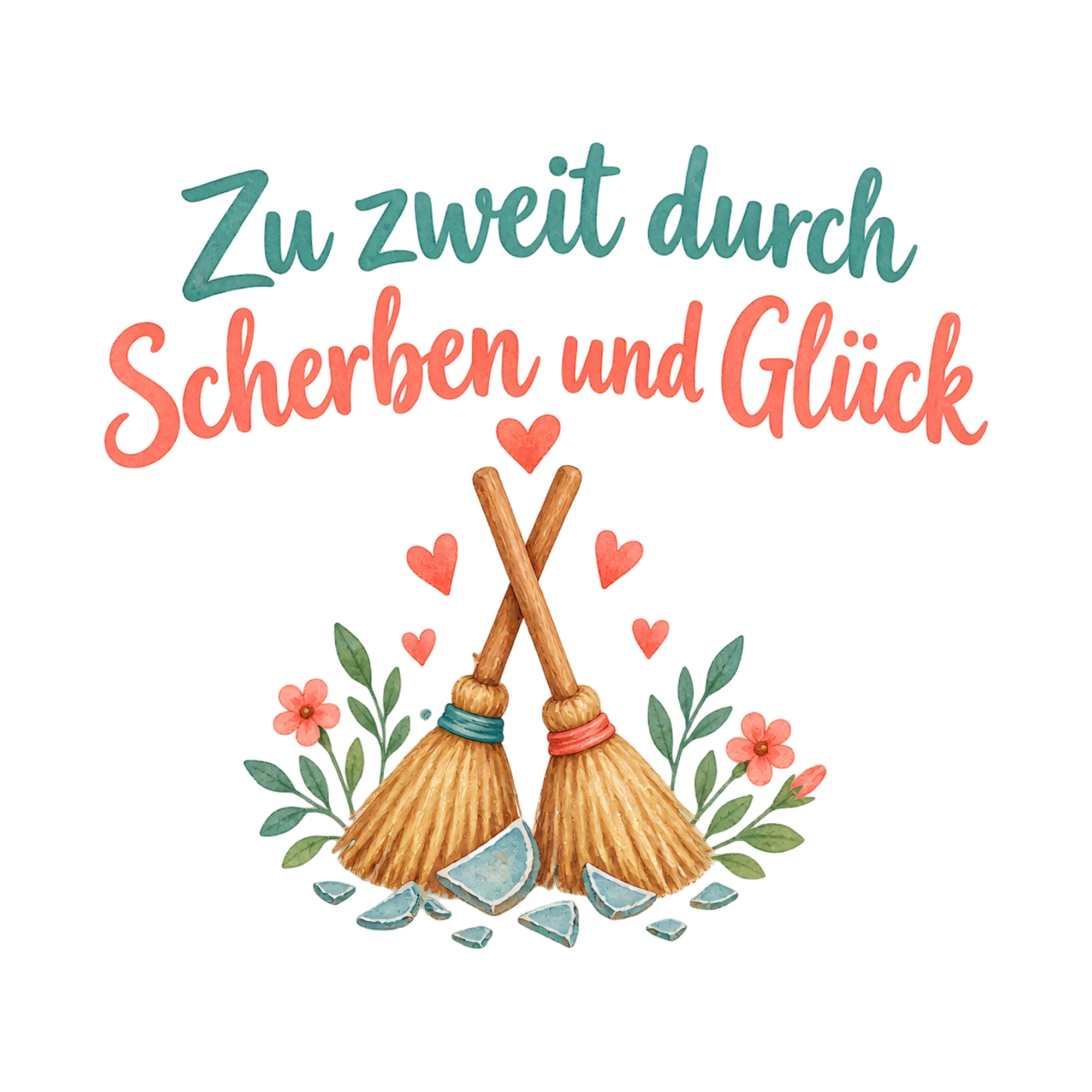 Bügelbild Zu zweit durch Scherben und Glück als Grafik auf weißem Hintergrund (BB020703)