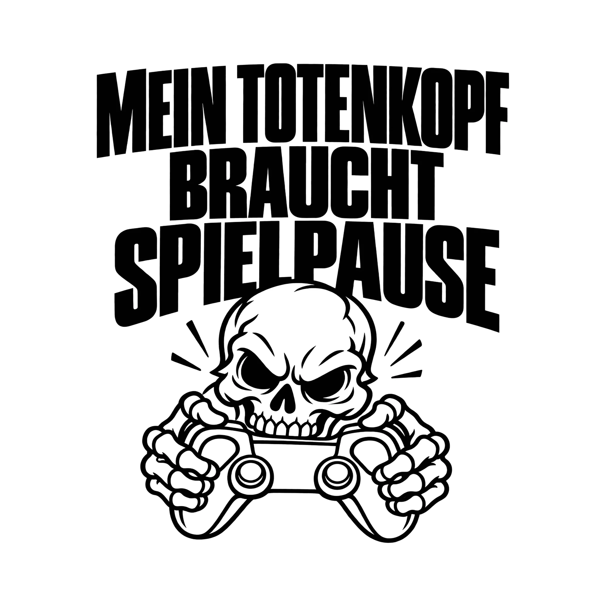 Bügelbild MEIN TOTENKOPF BRAUCHT SPIELPAUSE als Grafik auf weißem Hintergrund (BB013026)