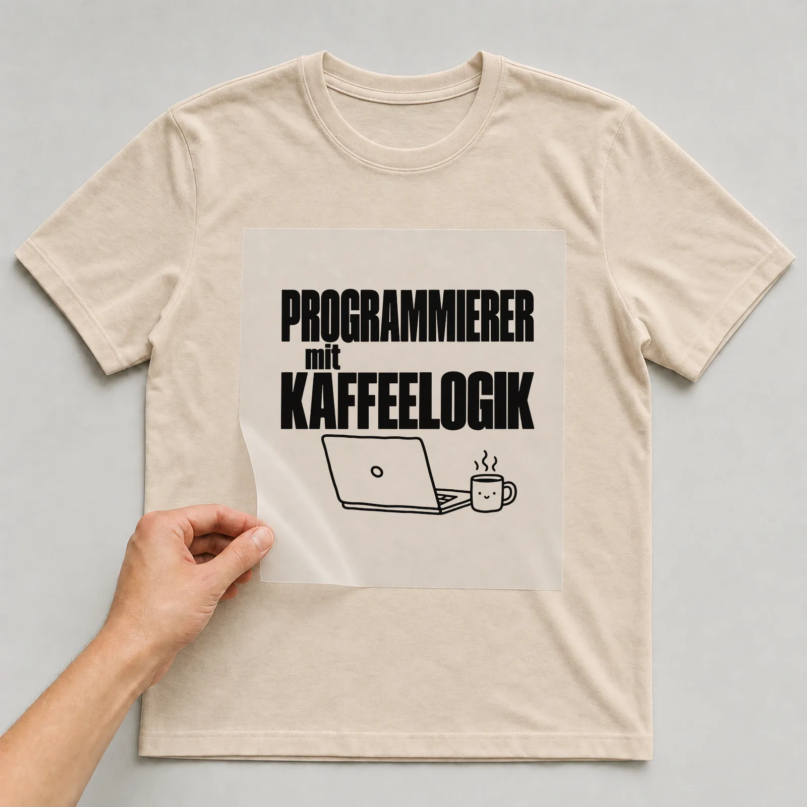 Bügelbild „Programmierer mit Kaffeelogik“ auf beigem T-Shirt, Folie wird aufgelegt