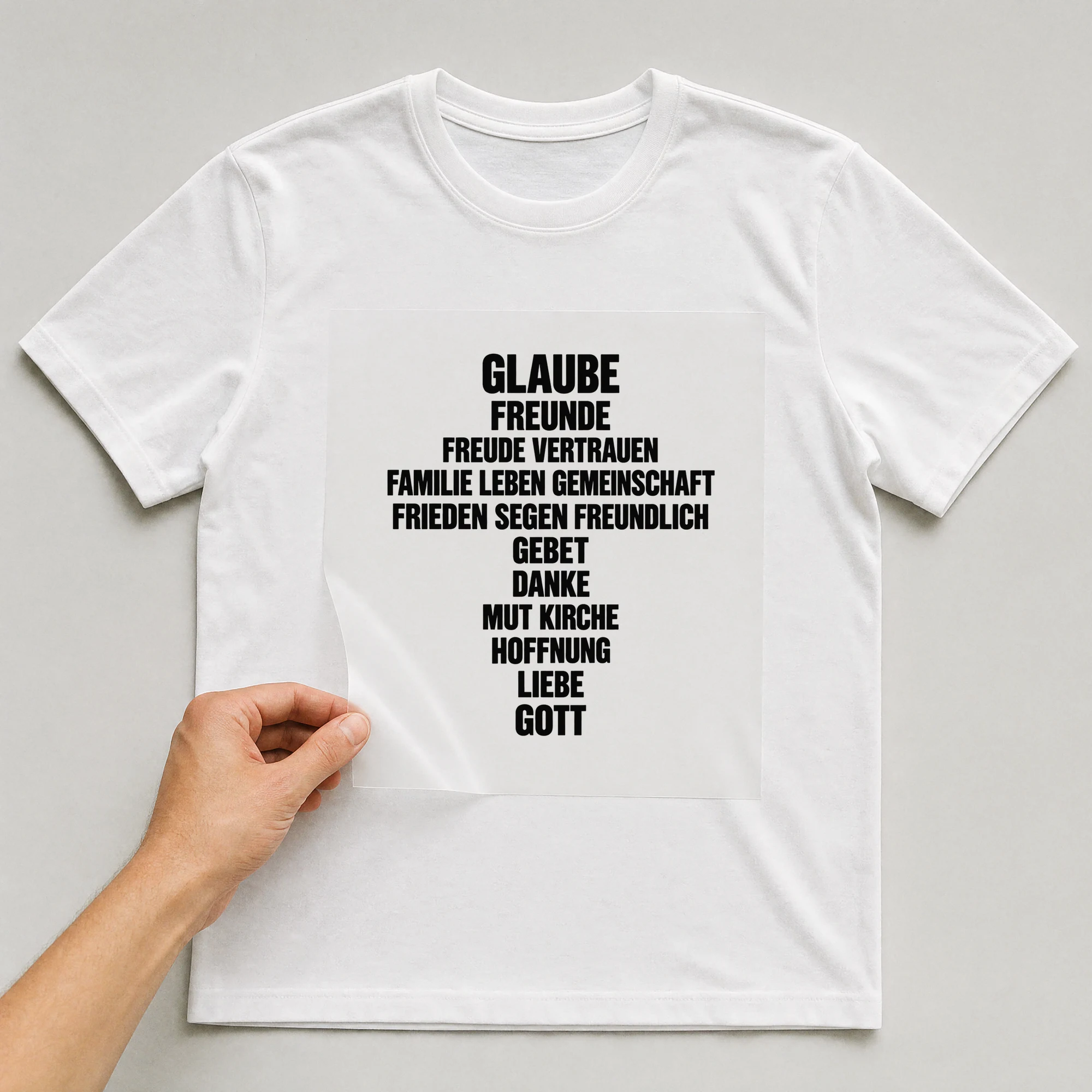 Bügelbild „Glaube Freunde Freude vertrauen Familie Leben Gemeinschaft Frieden Segen“ auf weißem T-Shirt, Folie wird aufgelegt
