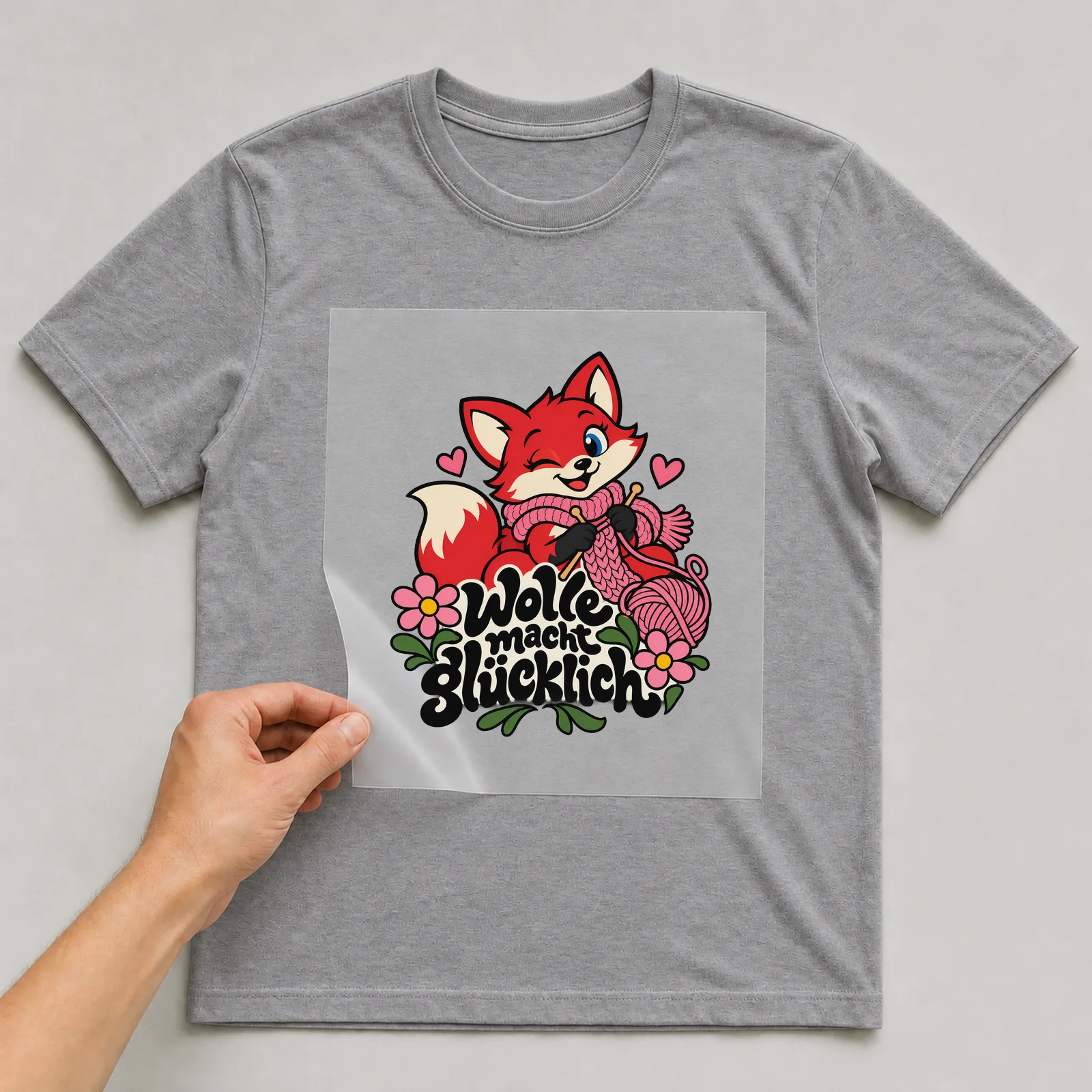 Bügelbild „Wolle macht glücklich“ auf grauem T-Shirt, Folie wird aufgelegt