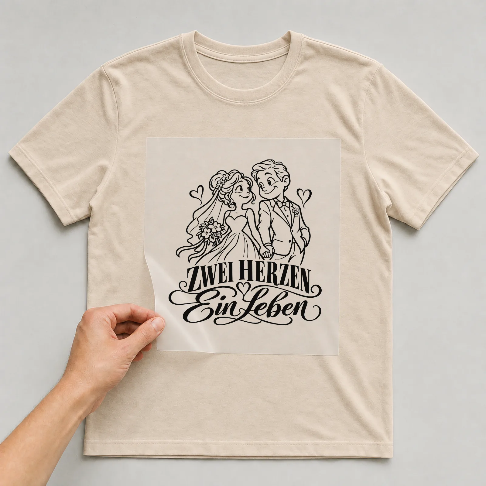 Bügelbild „Zwei Herzen ein Leben“ auf beigem T-Shirt, Folie wird aufgelegt