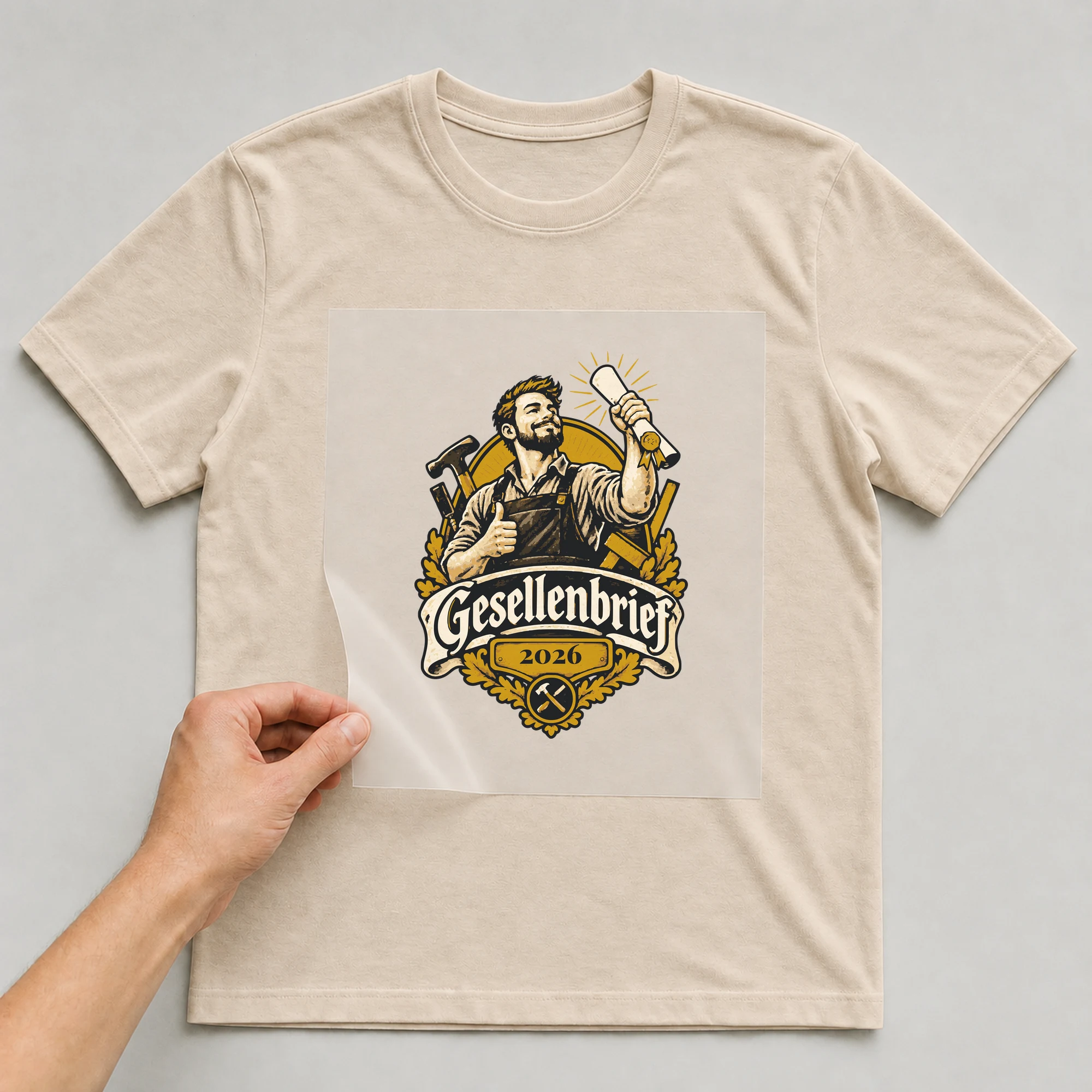 Bügelbild Gesellenbrief mit Jahr auf beigem T-Shirt, Folie wird aufgelegt