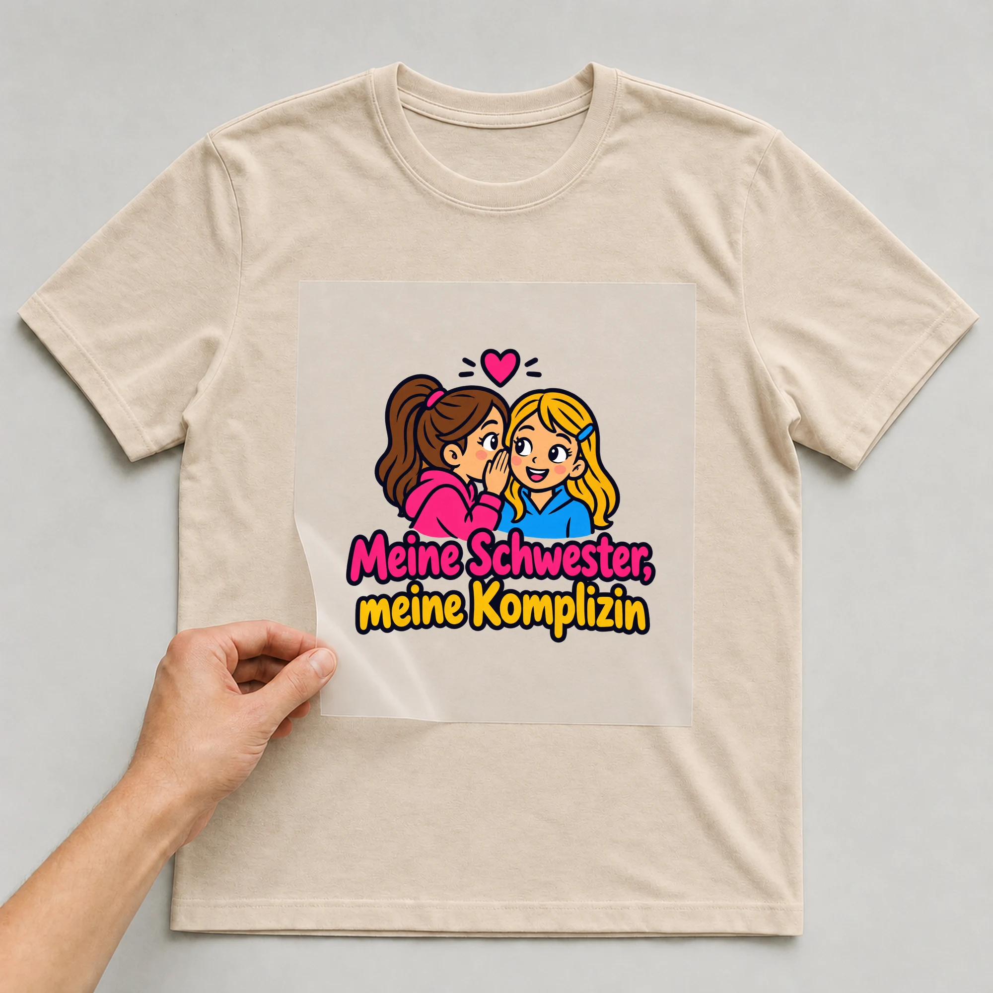 Bügelbild „Meine Schwester, meine Komplizin“ auf beigem T-Shirt, Folie wird aufgelegt