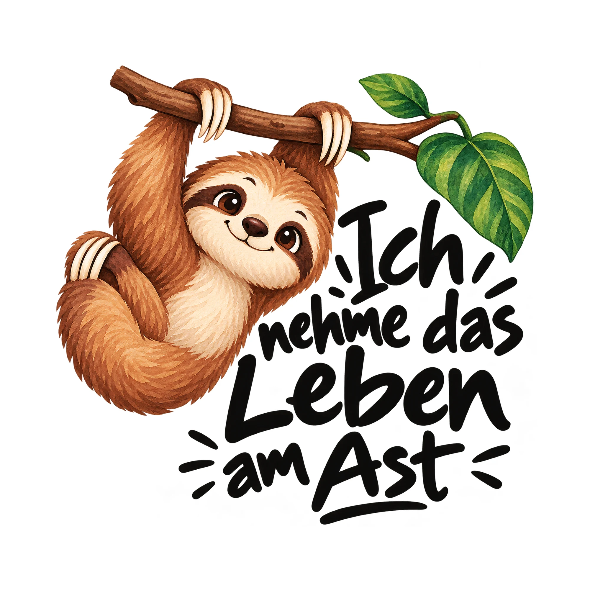 Bügelbild Ich nehme das Leben am Ast als Grafik auf weißem Hintergrund (BB012958)