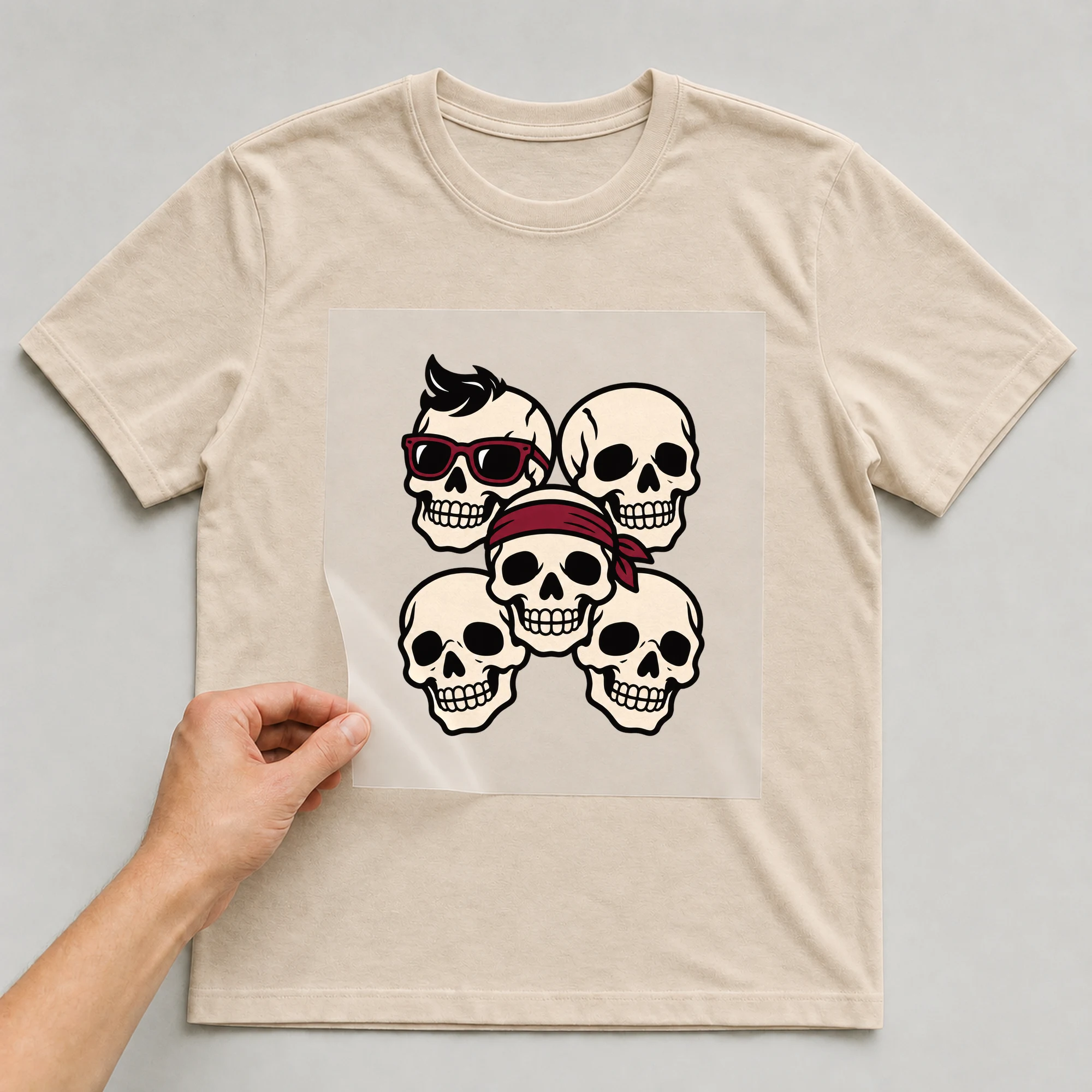 Bügelbild „BB021147-motiv-r03658“ auf beigem T-Shirt, Folie wird aufgelegt