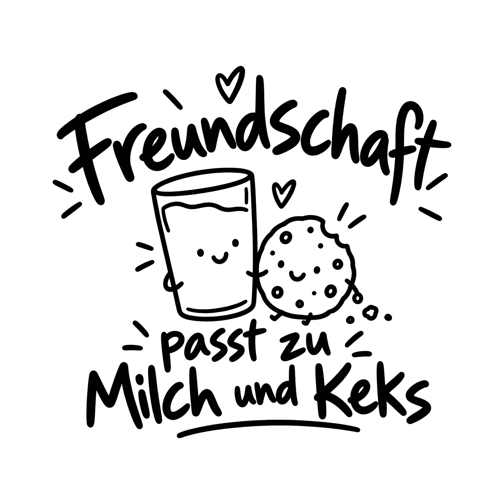 Bügelbild Freundschaft passt zu Milch und Keks als Grafik auf weißem Hintergrund (BB012314)