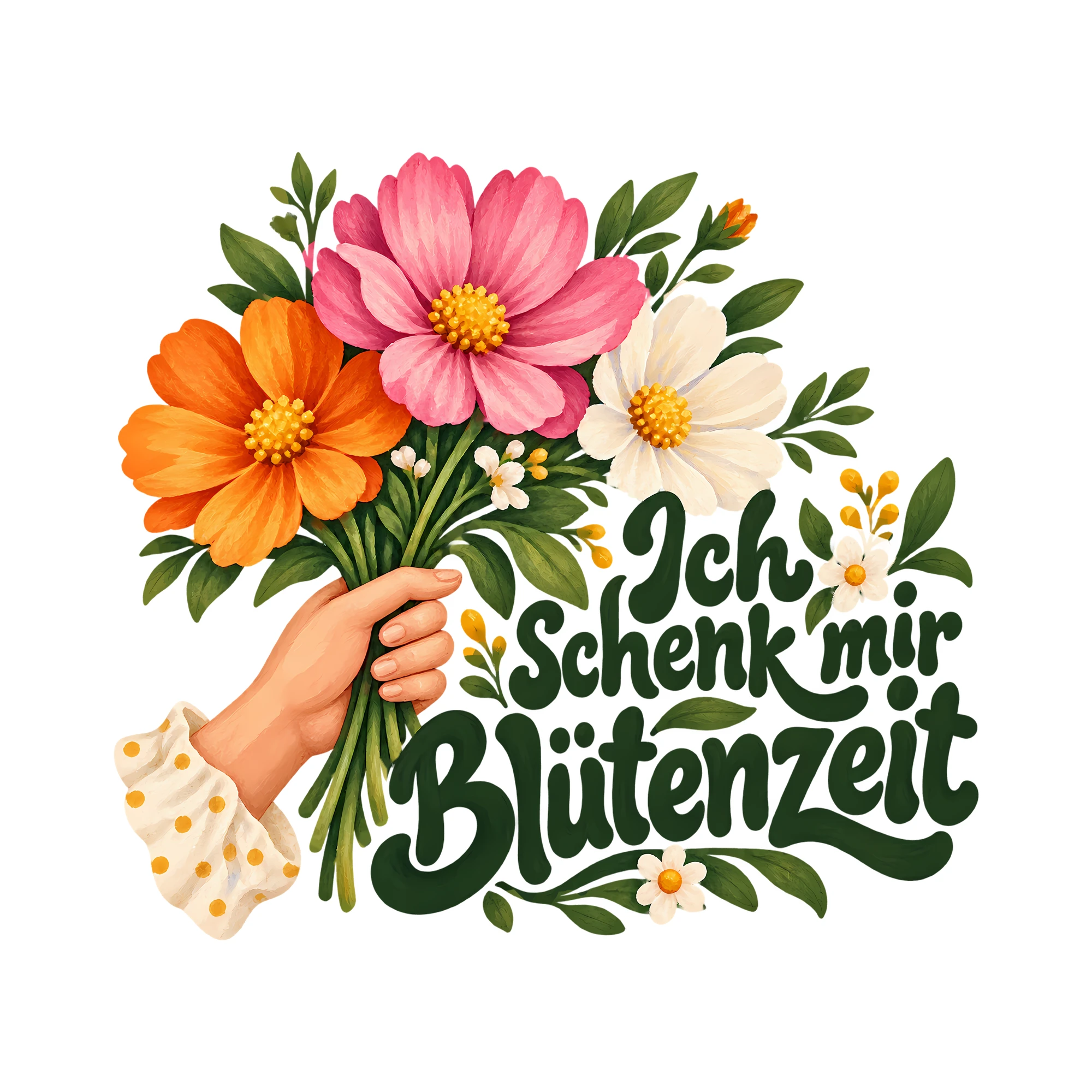 Bügelbild Ich schenk mir Blütenzeit als Grafik auf weißem Hintergrund (BB013269)