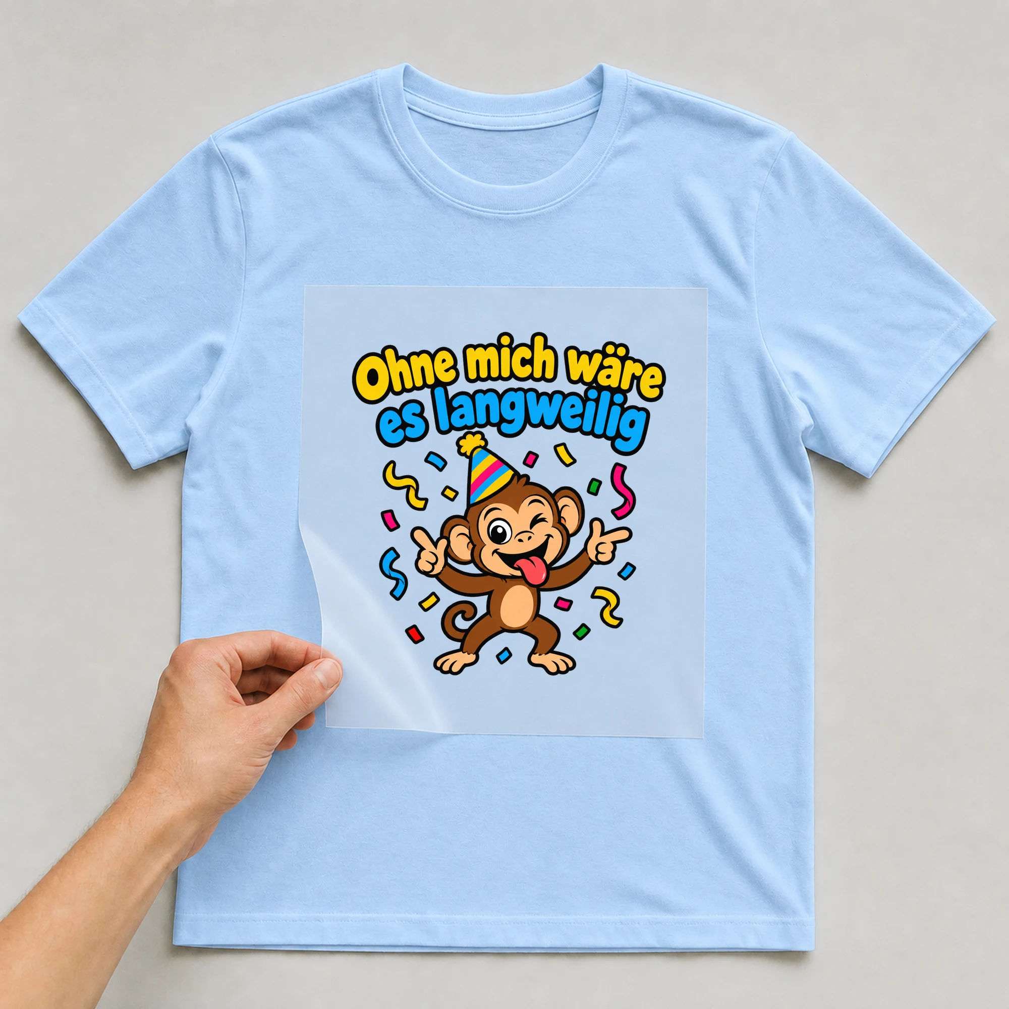 Bügelbild „Ohne mich wäre es langweilig“ auf babyblauem T-Shirt, Folie wird aufgelegt