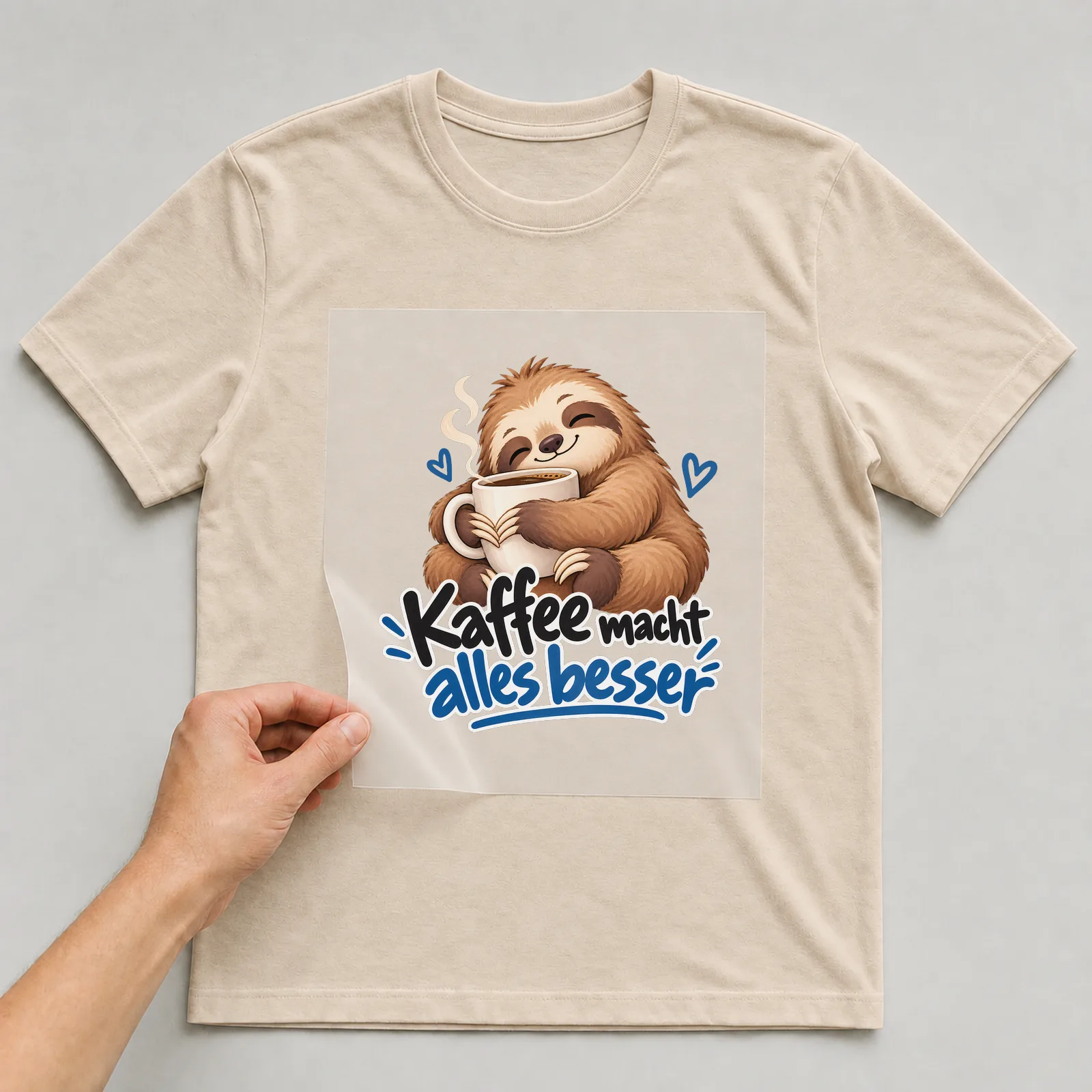 Bügelbild „Kaffee macht alles besser“ (deckendem Aquarell) auf beigem T-Shirt, Folie wird aufgelegt