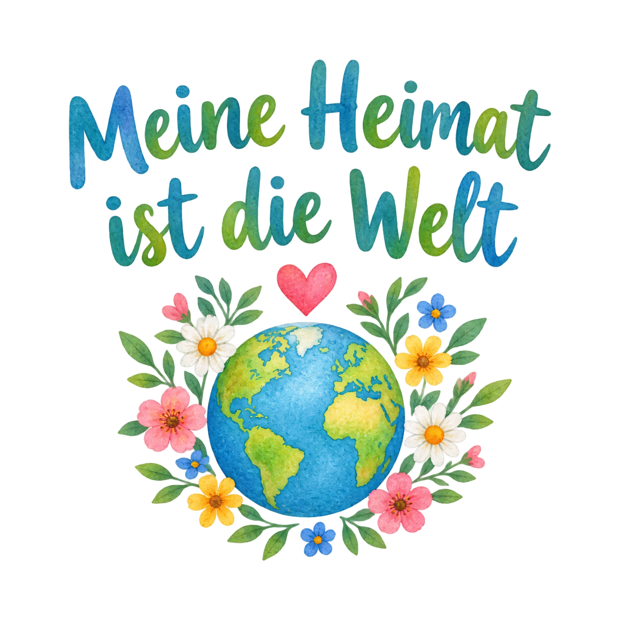 Bügelbild Meine Heimat ist die Welt als Grafik auf weißem Hintergrund (BB018439)