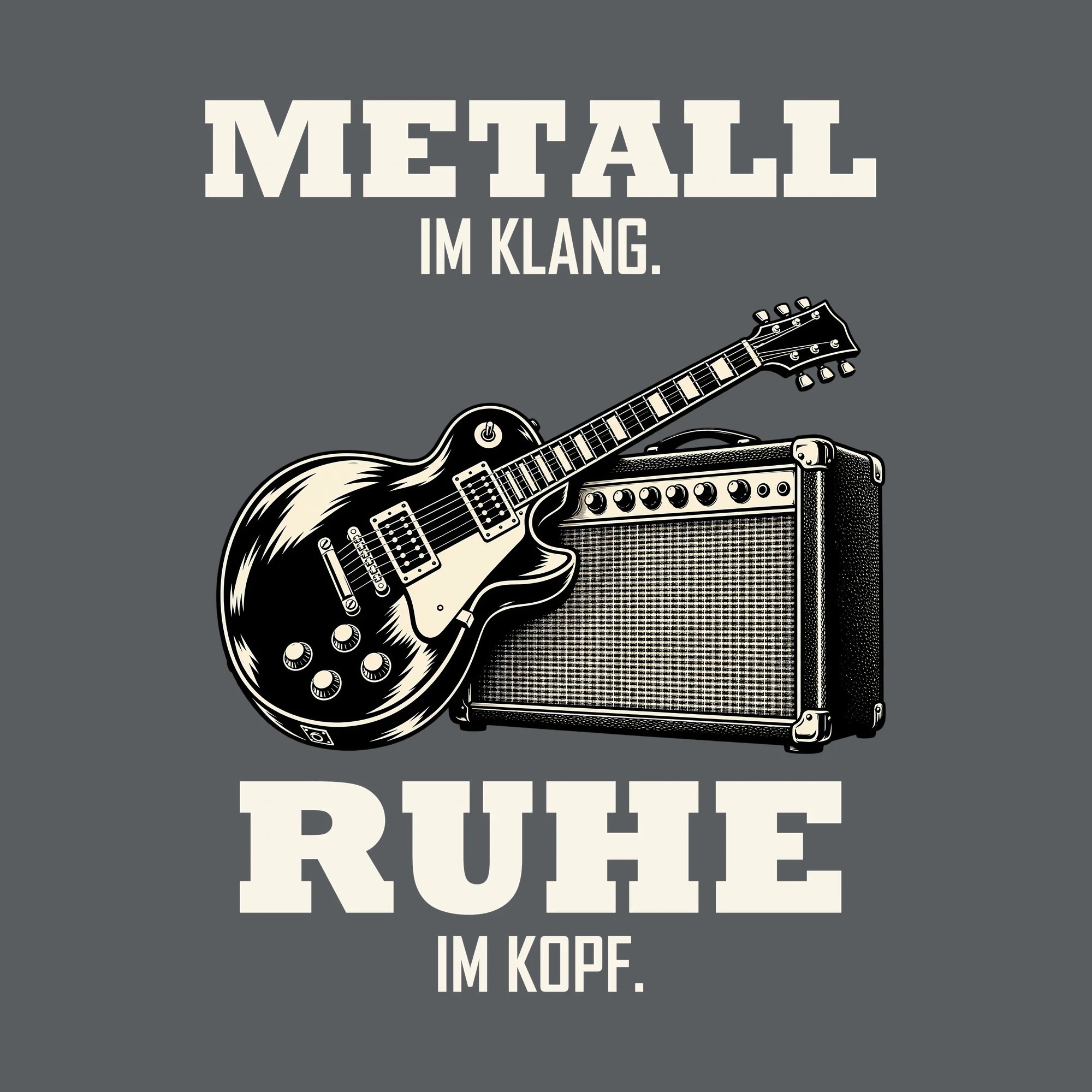 Bügelbild METALL IM KLANG. RUHE IM KOPF. als Grafik auf dunklem Hintergrund (BB012785)