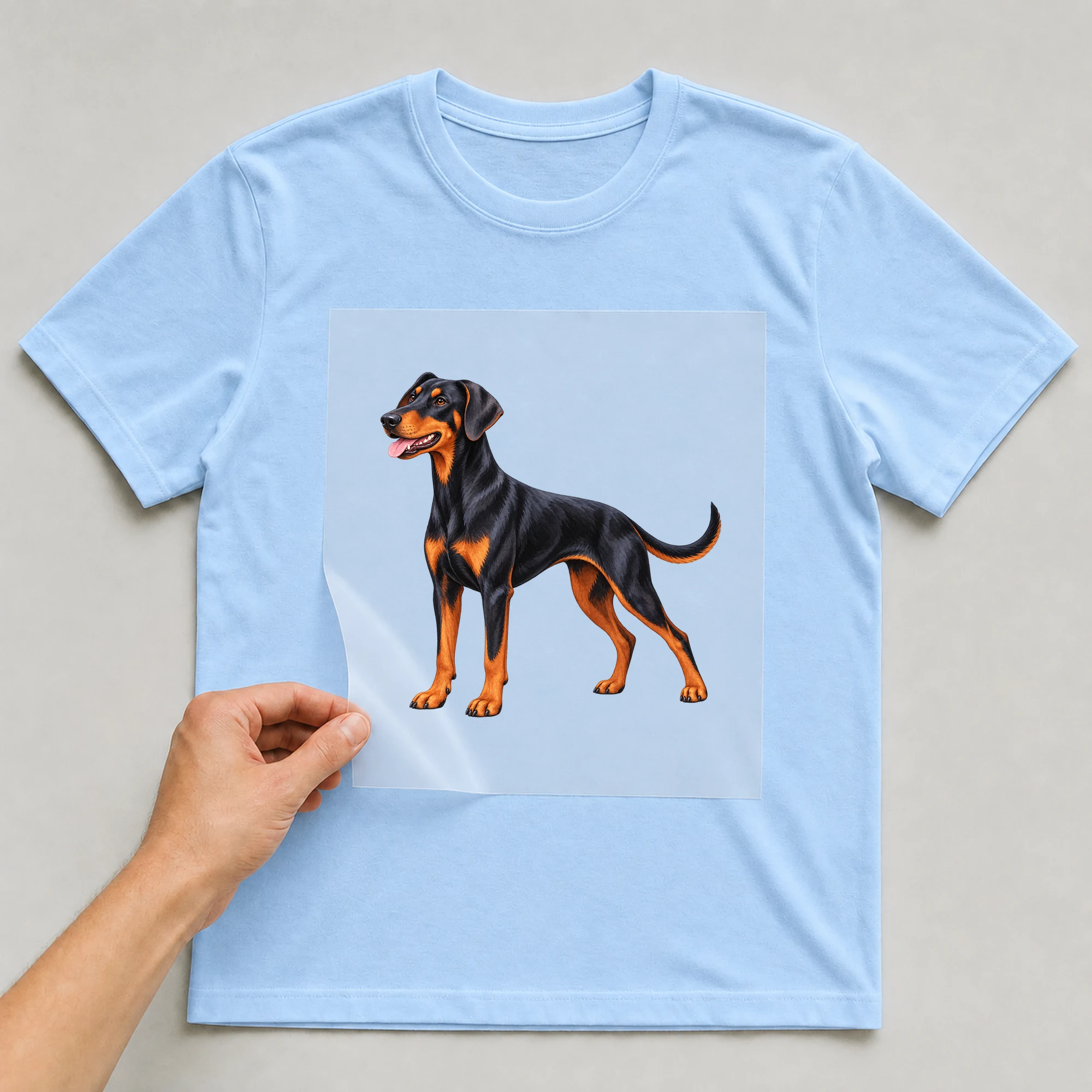Bügelbild „Dobermann“ auf babyblauem T-Shirt, Folie wird aufgelegt