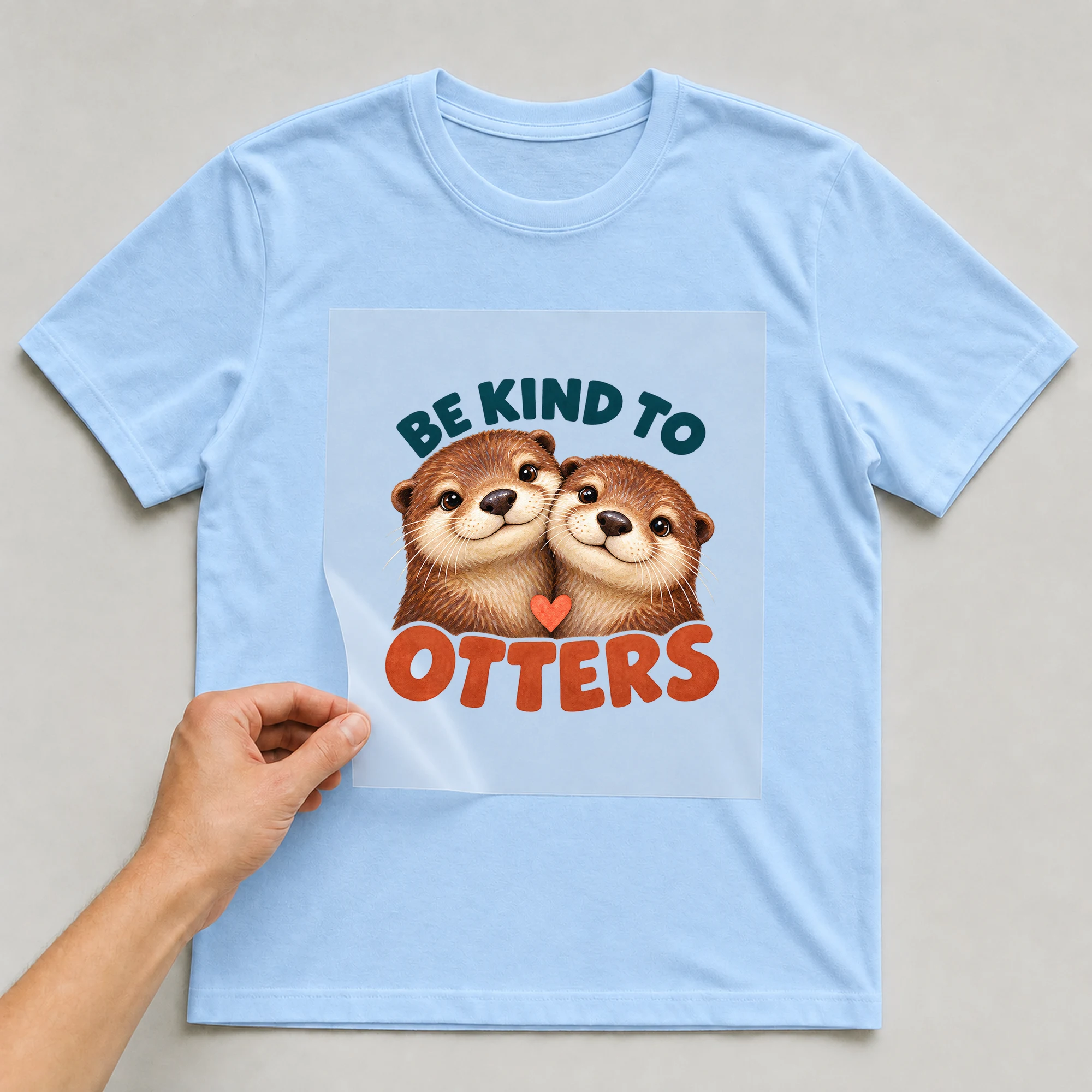 Bügelbild „Be Kind To Otters“ auf babyblauem T-Shirt, Folie wird aufgelegt