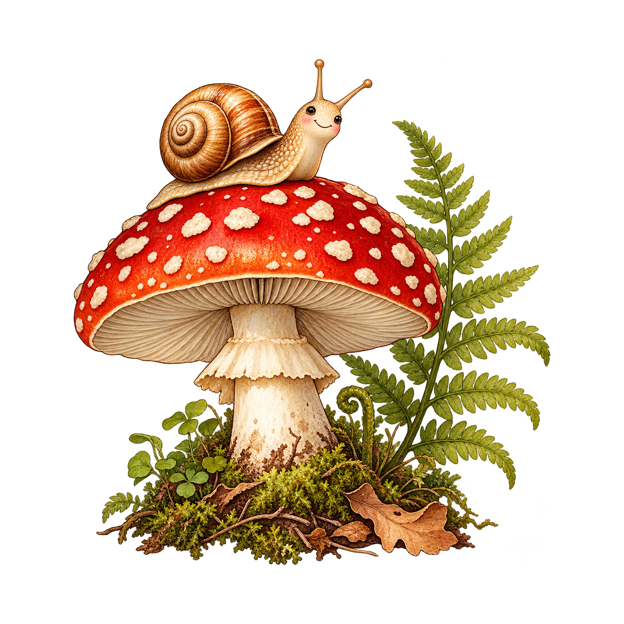 Bügelbild „Pilz mit Schnecke“, Natur Shirt Motiv als Grafik auf weißem Hintergrund (BB019083)