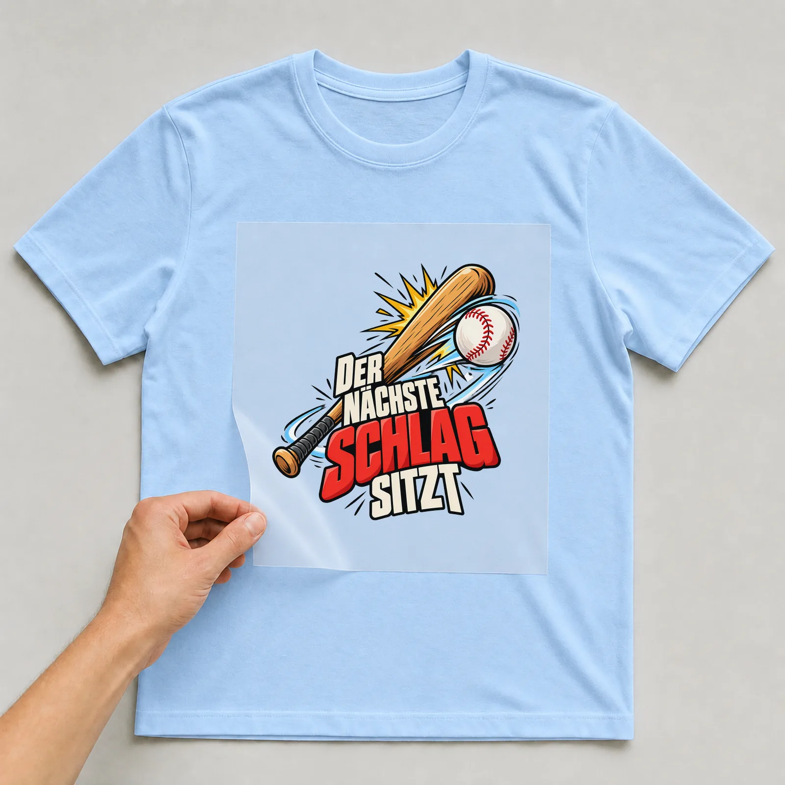 Bügelbild „Der Nächste schlag sitzt“ auf hellblauem T-Shirt, Folie wird aufgelegt