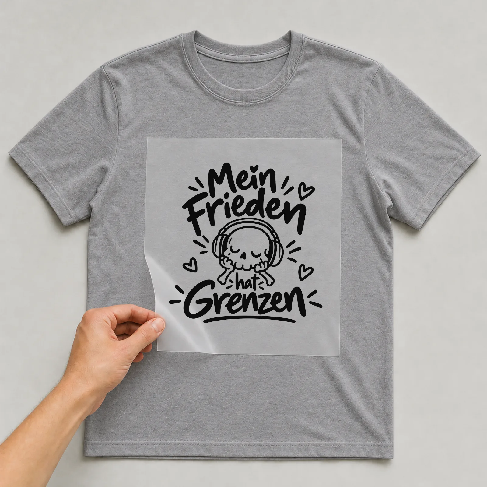 Bügelbild „Mein Frieden hat Grenzen“ auf grauem T-Shirt, Folie wird aufgelegt