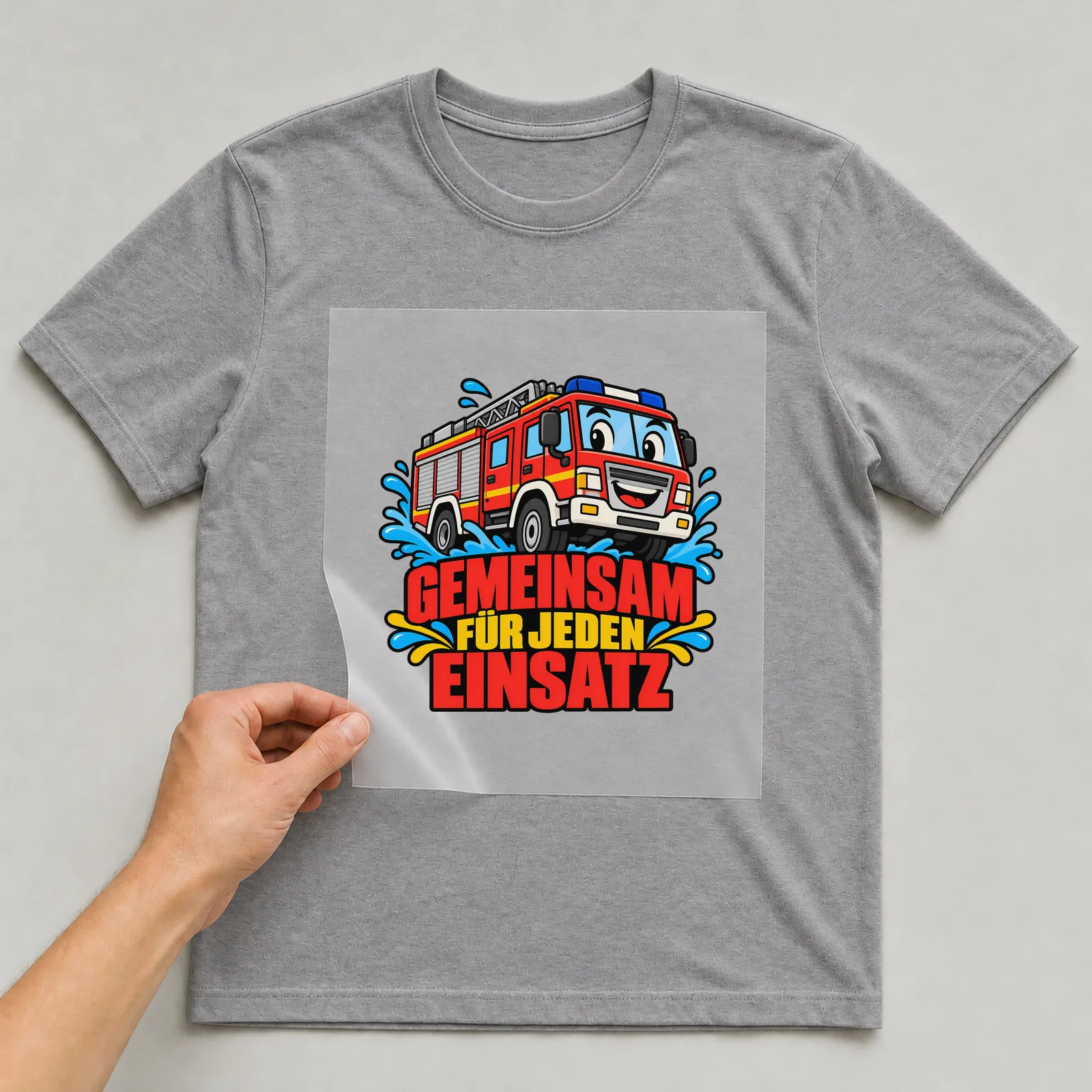 Bügelbild „Gemeinsam für jeden Einsatz“ auf grauem T-Shirt, Folie wird aufgelegt
