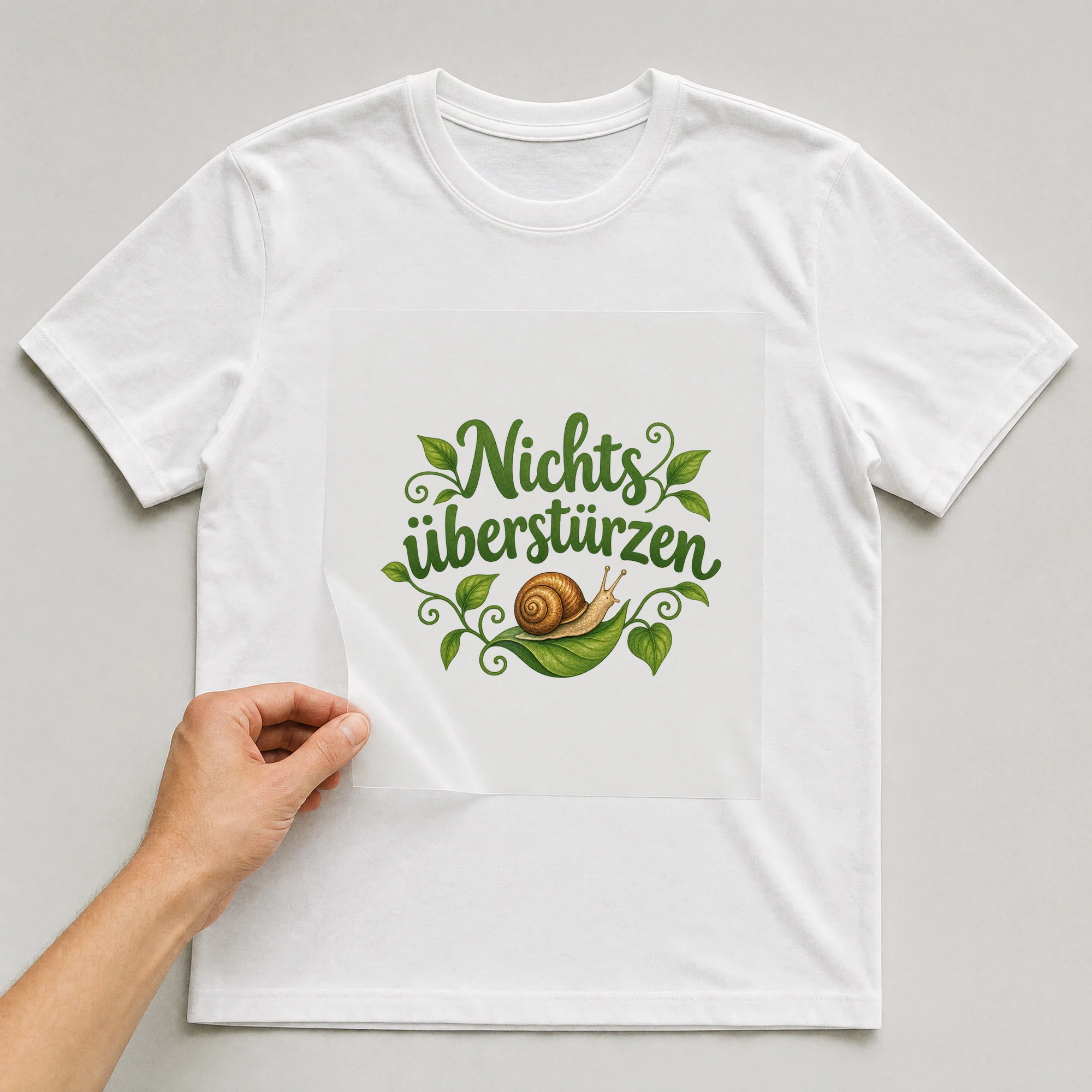 Bügelbild „Nichts überstürzen“ auf weißem T-Shirt, Folie wird aufgelegt