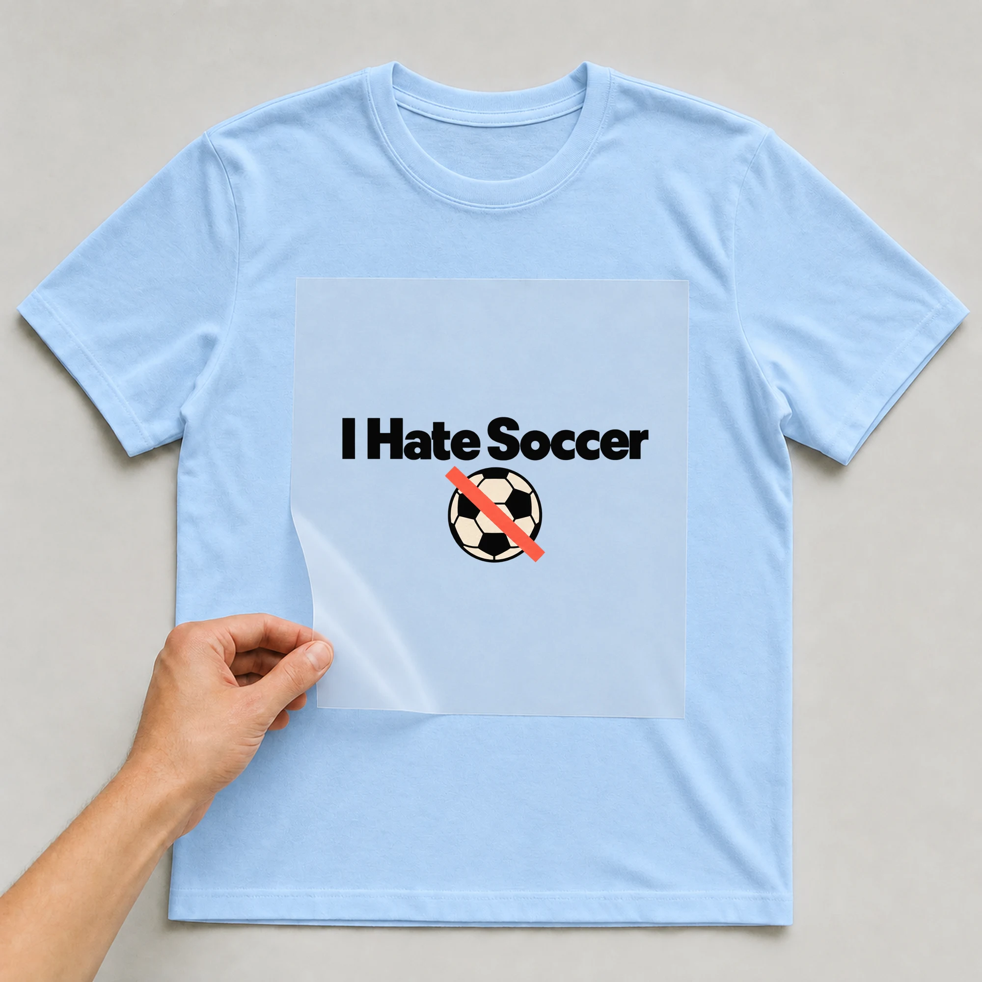 Bügelbild „I Hate Soccer“ auf babyblauem T-Shirt, Folie wird aufgelegt