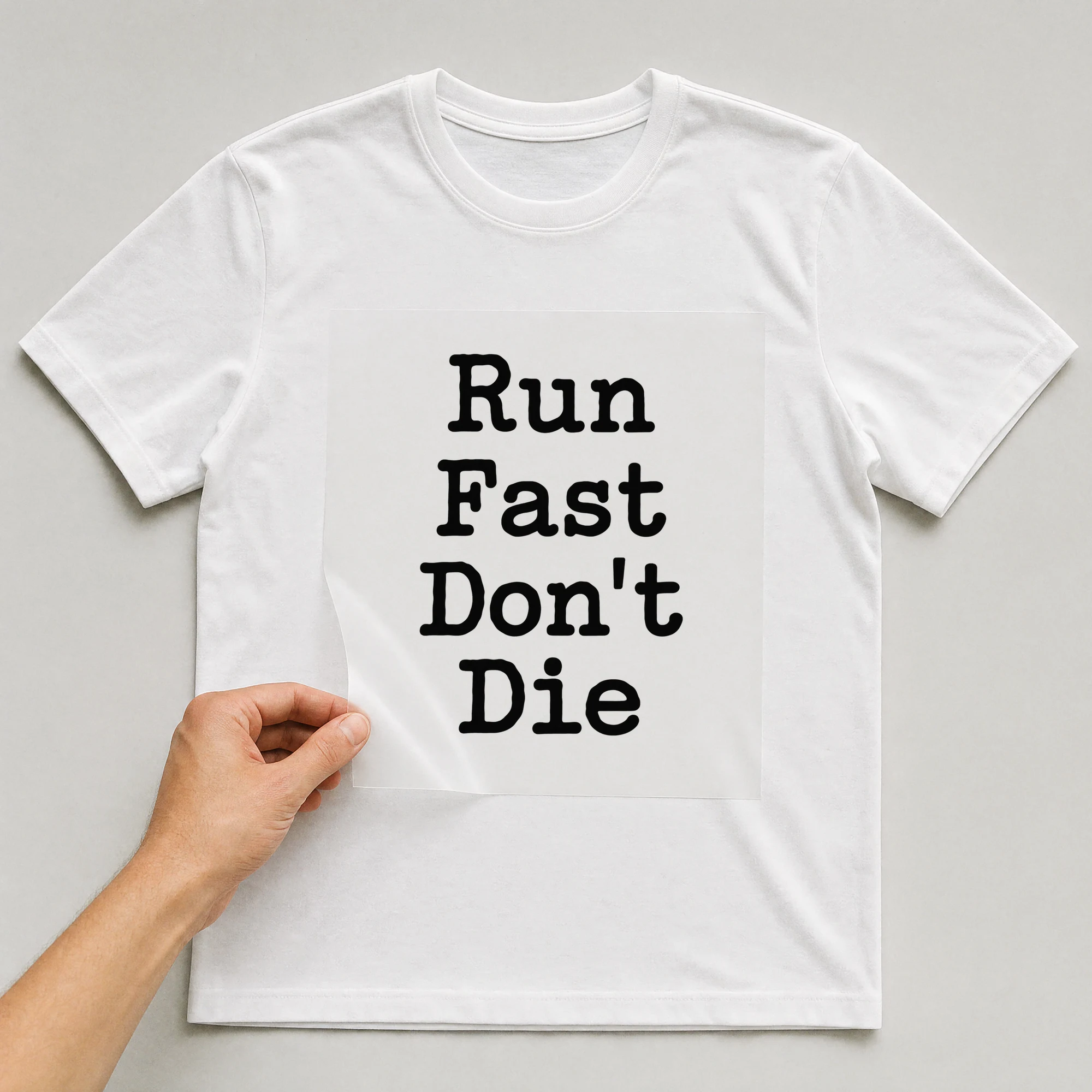 Bügelbild „Run Fast Don't Die“ auf weißem T-Shirt, Folie wird aufgelegt