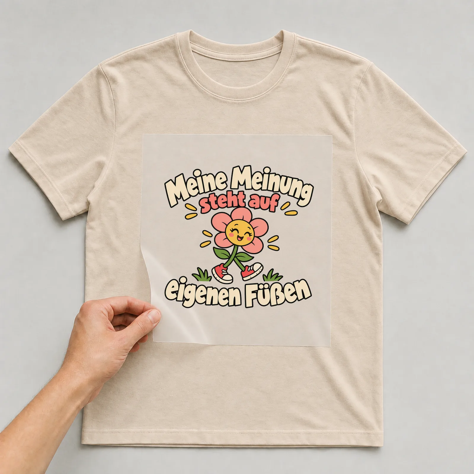 Bügelbild „Meine Meinung steht auf eigenen Füßen“ auf beigem T-Shirt, Folie wird aufgelegt