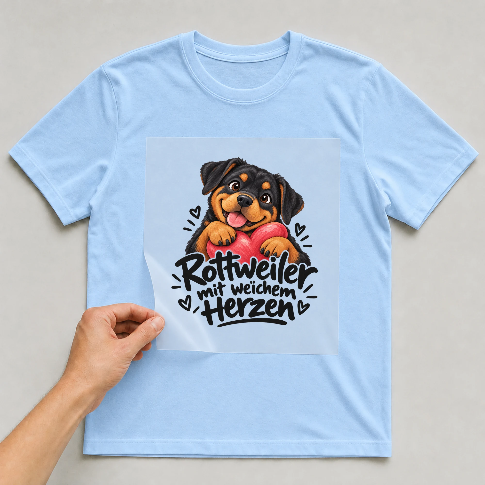 Bügelbild „Rottweiler mit weichem Herzen“ auf hellblauem T-Shirt, Folie wird aufgelegt