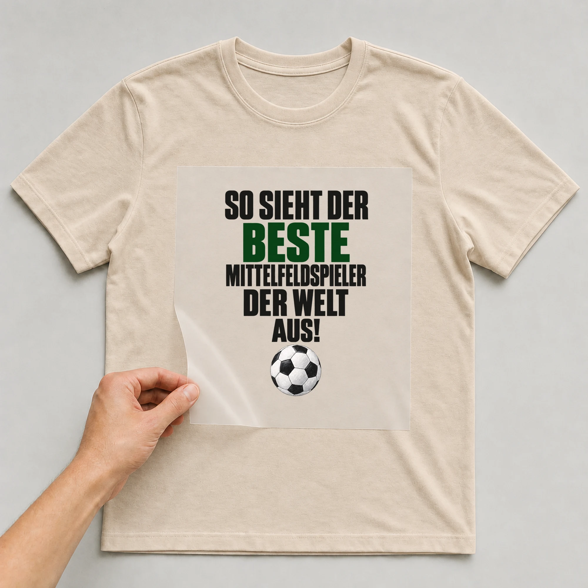 Bügelbild „So sieht der beste Mittelfeldspieler der Welt aus!“ auf beigem T-Shirt, Folie wird aufgelegt