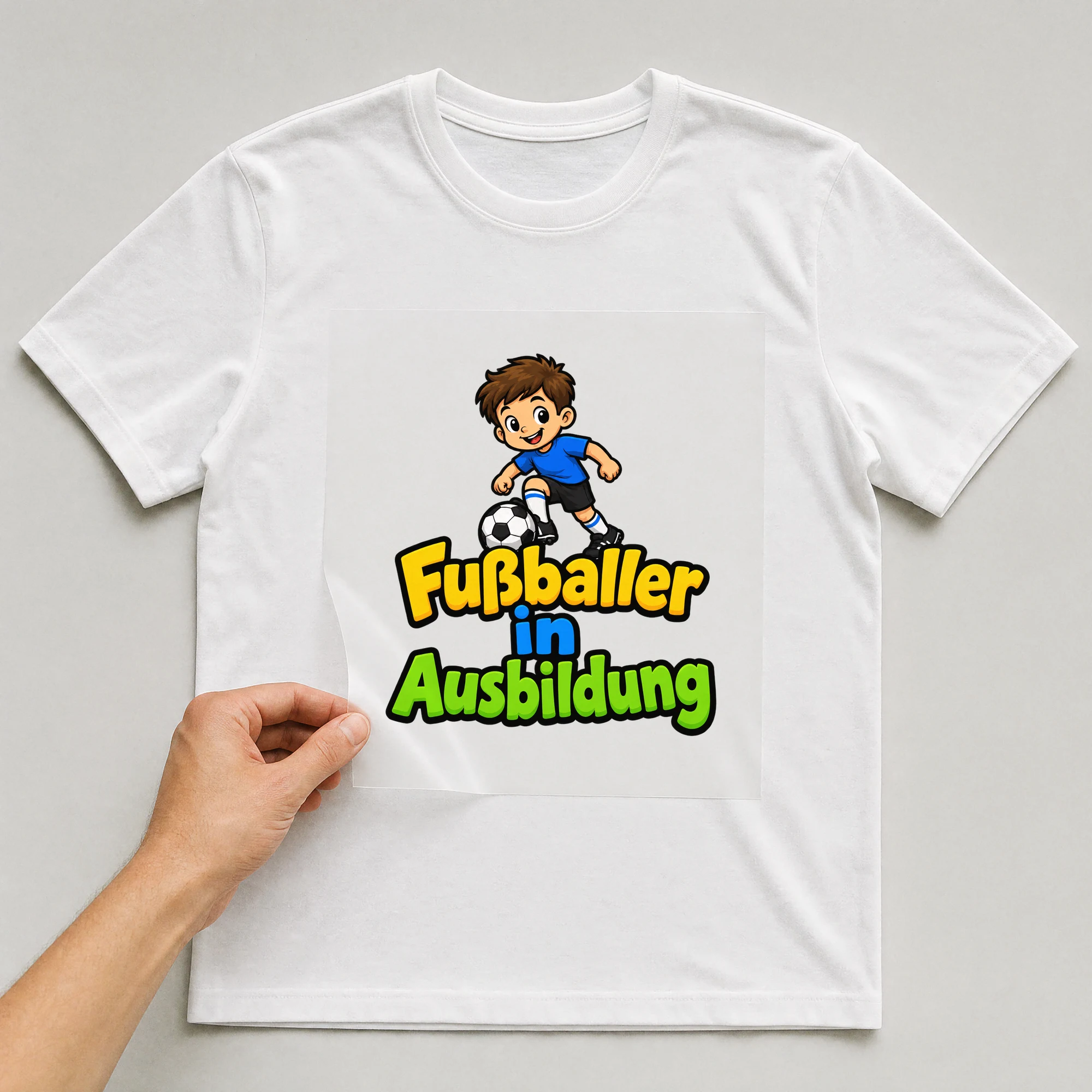 Bügelbild „Fußballer in Ausbildung“ auf weißem T-Shirt, Folie wird aufgelegt