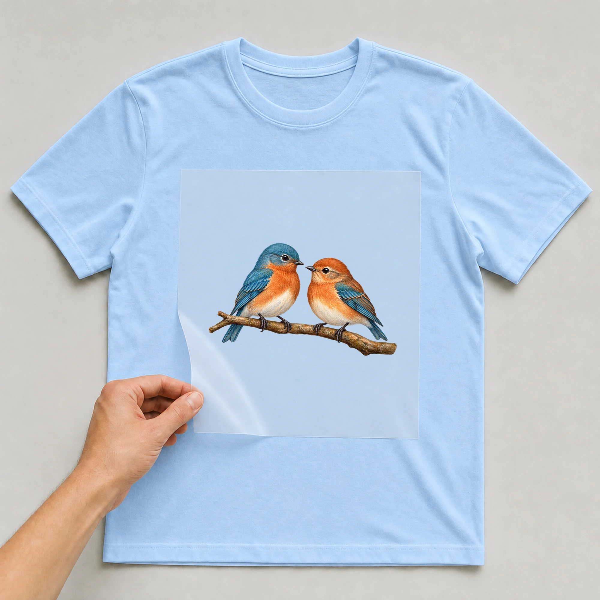 Bügelbild „Love Birds“ auf babyblauem T-Shirt, Folie wird aufgelegt