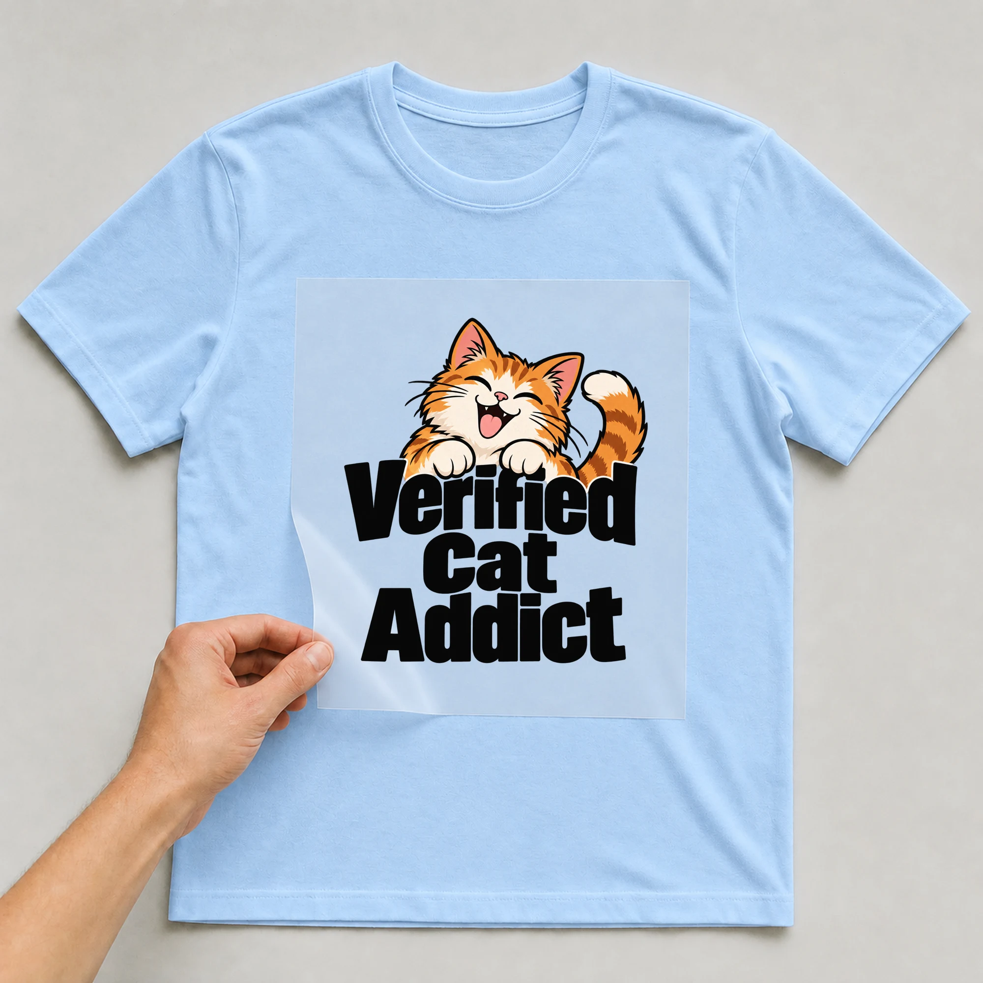 Bügelbild „Verified Cat Addict“ auf babyblauem T-Shirt, Folie wird aufgelegt