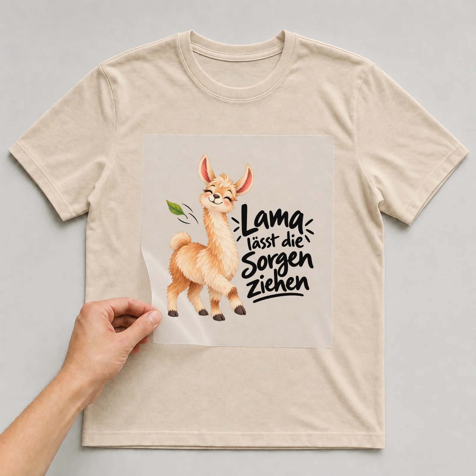Bügelbild „Lama lässt die Sorgen ziehen“ auf beigem T-Shirt, Folie wird aufgelegt