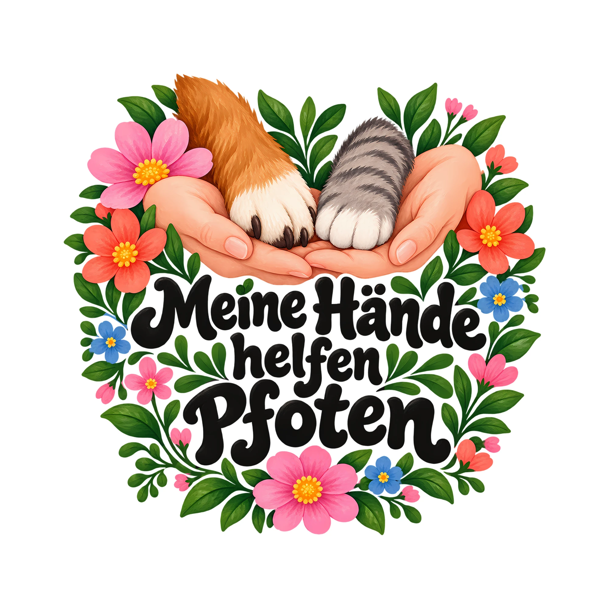 Bügelbild Meine Hände helfen Pfoten als Grafik auf weißem Hintergrund (BB011776)