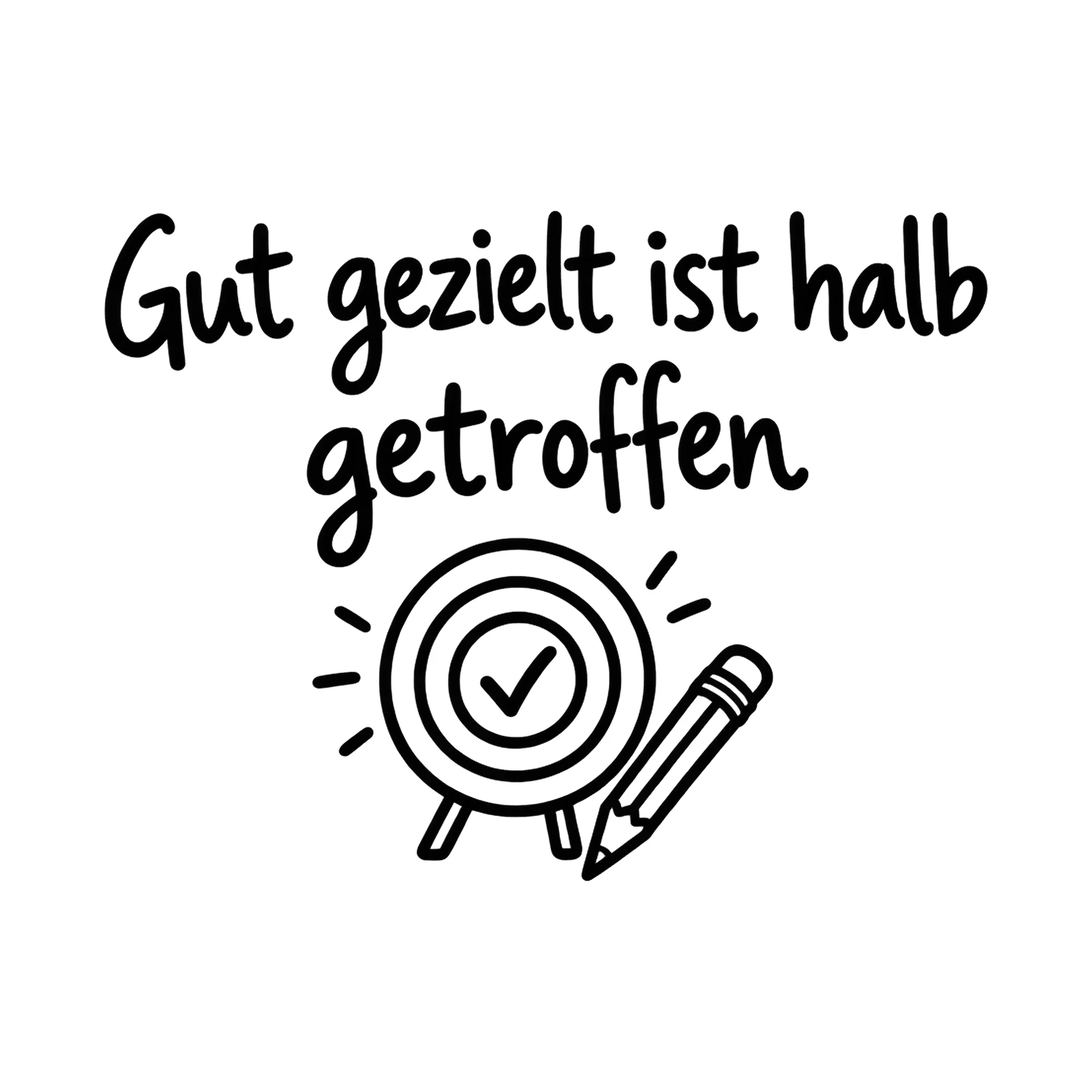 Bügelbild Gut gezielt ist halb getroffen als Grafik auf weißem Hintergrund (BB020417)